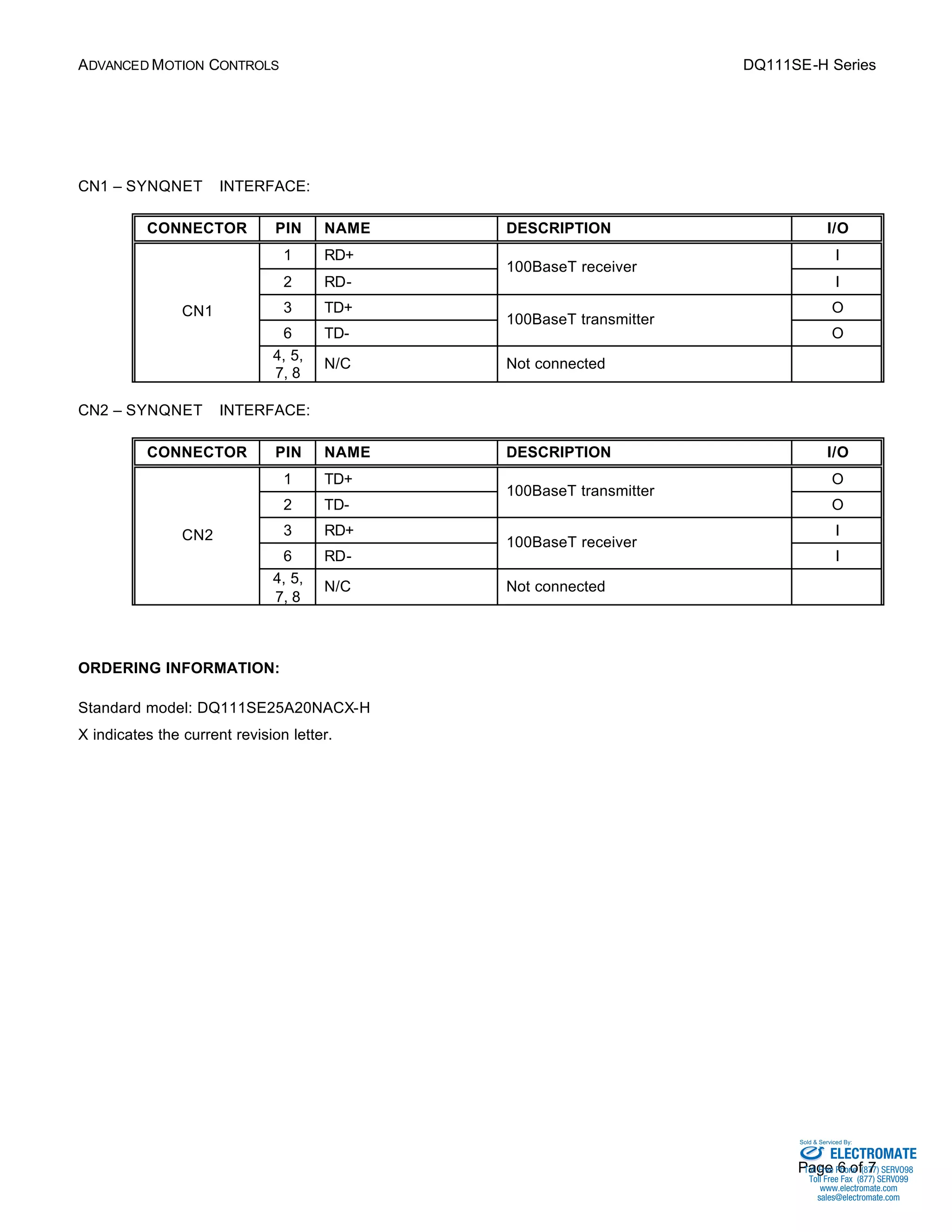ADVANCED MOTION CONTROLS DQ111SE-H Series 
Sold & Serviced By: 
Page 6 of 7 
CN1 – SYNQNETä INTERFACE: 
CONNECTOR PIN NAME DESCRIPTION I/O 
1 RD+ I 
100BaseT receiver 
2 RD- 
I 
3 TD+ O 
100BaseT transmitter 
6 TD- 
O 
CN1 
4, 5, 
7, 8 
N/C Not connected 
CN2 – SYNQNETä INTERFACE: 
CONNECTOR PIN NAME DESCRIPTION I/O 
1 TD+ O 
100BaseT transmitter 
2 TD- 
O 
3 RD+ I 
100BaseT receiver 
6 RD- 
I 
CN2 
4, 5, 
7, 8 
N/C Not connected 
ORDERING INFORMATION: 
Standard model: DQ111SE25A20NACX-H 
X indicates the current revision letter. 
ELECTROMATE 
Toll Free Phone (877) SERVO98 
Toll Free Fax (877) SERV099 
www.electromate.com 
sales@electromate.com 
 