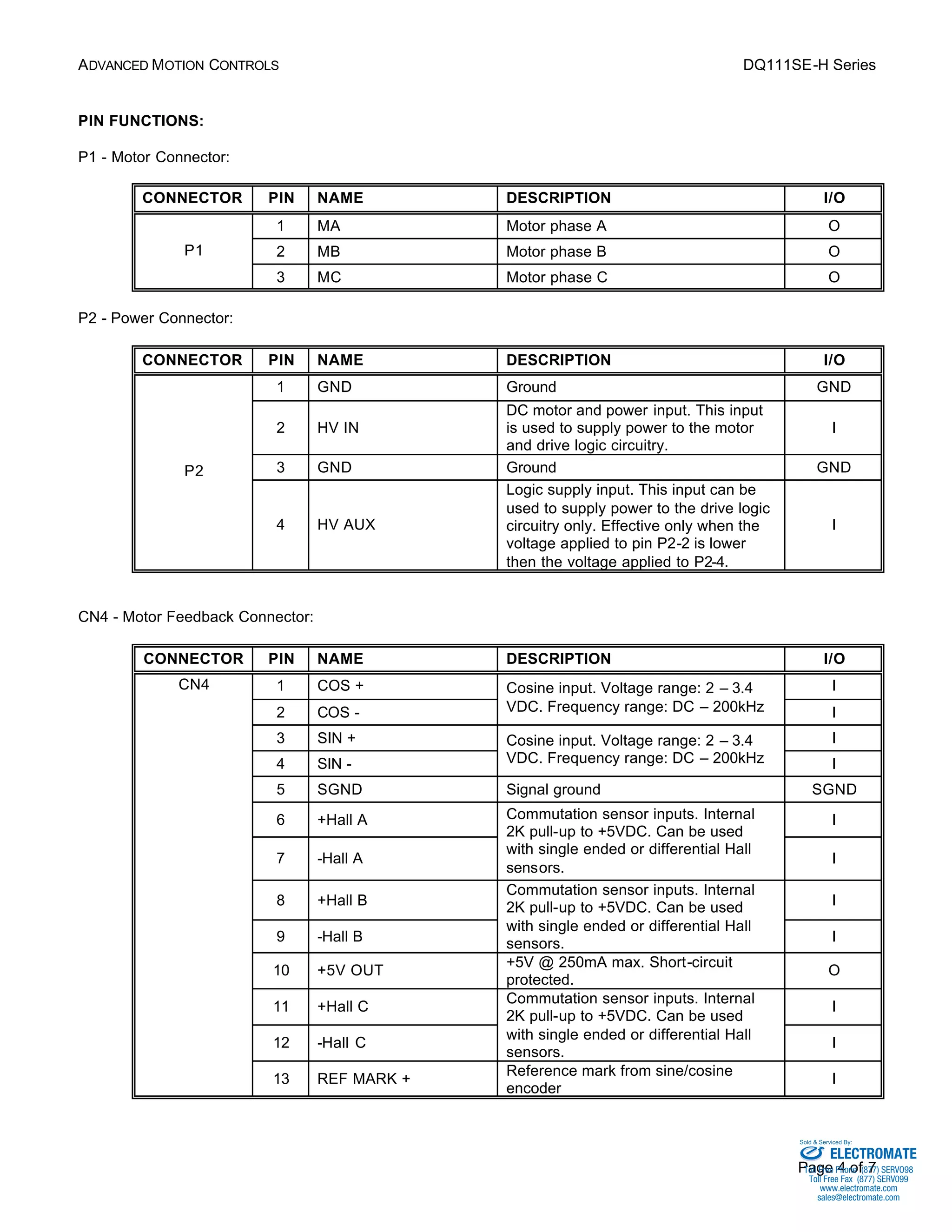 ADVANCED MOTION CONTROLS DQ111SE-H Series 
Commutation sensor inputs. Internal 
2K pull-up to +5VDC. Can be used 
with single ended or differential Hall 
sensors. I 
Sold & Serviced By: 
Page 4 of 7 
PIN FUNCTIONS: 
P1 - Motor Connector: 
CONNECTOR PIN NAME DESCRIPTION I/O 
1 MA Motor phase A O 
P1 2 MB Motor phase B O 
3 MC Motor phase C O 
P2 - Power Connector: 
CONNECTOR PIN NAME DESCRIPTION I/O 
1 GND Ground GND 
2 HV IN 
DC motor and power input. This input 
is used to supply power to the motor 
and drive logic circuitry. 
I 
P2 3 GND Ground GND 
4 HV AUX 
Logic supply input. This input can be 
used to supply power to the drive logic 
circuitry only. Effective only when the 
voltage applied to pin P2-2 is lower 
then the voltage applied to P2-4. 
I 
CN4 - Motor Feedback Connector: 
CONNECTOR PIN NAME DESCRIPTION I/O 
1 COS + Cosine input. Voltage range: 2 – 3.4 
I 
2 COS - 
VDC. Frequency range: DC – 200kHz I 
3 SIN + Cosine input. Voltage range: 2 – 3.4 
I 
4 SIN - 
VDC. Frequency range: DC – 200kHz I 
5 SGND Signal ground SGND 
6 +Hall A I 
7 -Hall A 
Commutation sensor inputs. Internal 
2K pull-up to +5VDC. Can be used 
with single ended or differential Hall 
sensors. 
I 
8 +Hall B I 
9 -Hall B 
10 +5V OUT +5V @ 250mA max. Short-circuit 
protected. 
O 
Commutation sensor inputs. Internal 
2K pull-up to +5VDC. Can be used 
with single ended or differential Hall 
sensors. 
11 +Hall C I 
12 -Hall C 
I 
CN4 
13 REF MARK + Reference mark from sine/cosine 
encoder 
I 
ELECTROMATE 
Toll Free Phone (877) SERVO98 
Toll Free Fax (877) SERV099 
www.electromate.com 
sales@electromate.com 
 