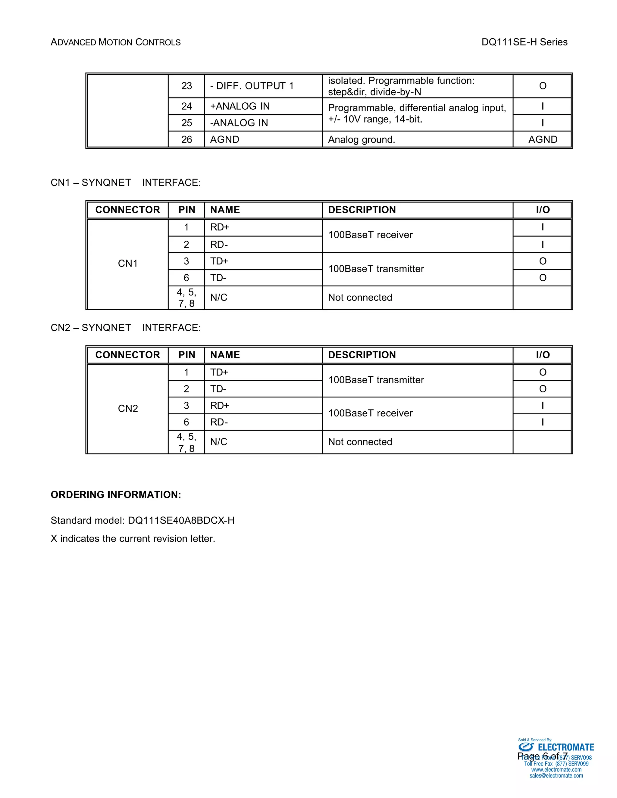 ADVANCED MOTION CONTROLS DQ111SE-H Series 
Sold & Serviced By: 
Page 6 of 7 
23 - DIFF. OUTPUT 1 isolated. Programmable function: 
step&dir, divide-by-N 
O 
24 +ANALOG IN Programmable, differential analog input, 
I 
25 -ANALOG IN 
+/- 10V range, 14-bit. I 
26 AGND Analog ground. AGND 
CN1 – SYNQNETä INTERFACE: 
CONNECTOR PIN NAME DESCRIPTION I/O 
1 RD+ I 
100BaseT receiver 
2 RD- 
I 
3 TD+ O 
100BaseT transmitter 
6 TD- 
O 
CN1 
4, 5, 
7, 8 
N/C Not connected 
CN2 – SYNQNETä INTERFACE: 
CONNECTOR PIN NAME DESCRIPTION I/O 
1 TD+ O 
100BaseT transmitter 
2 TD- 
O 
3 RD+ I 
100BaseT receiver 
6 RD- 
I 
CN2 
4, 5, 
7, 8 
N/C Not connected 
ORDERING INFORMATION: 
Standard model: DQ111SE40A8BDCX-H 
X indicates the current revision letter. 
ELECTROMATE 
Toll Free Phone (877) SERVO98 
Toll Free Fax (877) SERV099 
www.electromate.com 
sales@electromate.com 
 