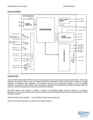 ADVANCED MOTION CONTROLS DQ112EE Series 
AUX POWER 
AUX GROUND 
POWER GROUND 
MOT ENC A+ 
MOT ENC A-MOT 
ENC B+ 
MOT ENC B-MOT 
ENC I+ 
MOT ENC I-SynqNet 
Sold & Serviced By: 
Page 2 of 7 
BLOCK DIAGRAM: 
20K 
20K 
2K 
20K 
5K 
5K 
20K 
+5V 
+HALL A,B,C 
-HALL A,B,C 
INTERFACE 
MOTOR FEEDBACK 
PROCESSOR 
DQ111EE-A40LDC 
ISOLATION 
+5V 
I/O INTERFACE 
OUTPUT PULL-UP 
NODE DISABLE, LIMIT+, 
LIMIT-, HOME 
SENSCOMMON 
USER INPUT 0...1 
USER GROUND 
+ 
- 
20K 
20K 
+DIFF. OUT 0...1 
-DIFF. OUT 0...1 
+DIFF. IN 0...1 
-DIFF. IN 0...1 
+ANALOG INPUT 
-ANALOG INPUT 
5K 
500 
USER OUTPUT 0..1, 
BRAKE, NODE ALARM 
USER GROUND 
ISOLATION 
MOTOR A 
MOTOR B 
MOTOR C 
LOGIC POWER 
SUPPLY 
HIGH VOLTAGE 
POWER 
OUTPUT STAGE 
DESCRIPTION: 
The DQ112EE Series digital PWM servo drives are designed to drive brushed and brushless servomotors. These fully 
digital drives operate in torque mode and employ Space Vector Modulation (SVM), which results in higher bus voltage 
utilization and reduced heat dissipation. The command source can be generated internally or can be supplied 
externally. In addition to motor control, these drives feature dedicated and programmable digital and analog inputs and 
outputs to enhance interfacing with external controllers and devices. 
DQ112EE Series drives feature a SynqNetä interface for high-speed digital command operation in networked 
applications. Drive commissioning can be accomplished through a fully graphical Windows© based application via the 
SynqNet interface™. 
More information about SynqNetä can be obtained at http://www.synqnet.org. 
All drive and motor parameters are stored in non-volatile memory. 
ELECTROMATE 
Toll Free Phone (877) SERVO98 
Toll Free Fax (877) SERV099 
www.electromate.com 
sales@electromate.com 
 