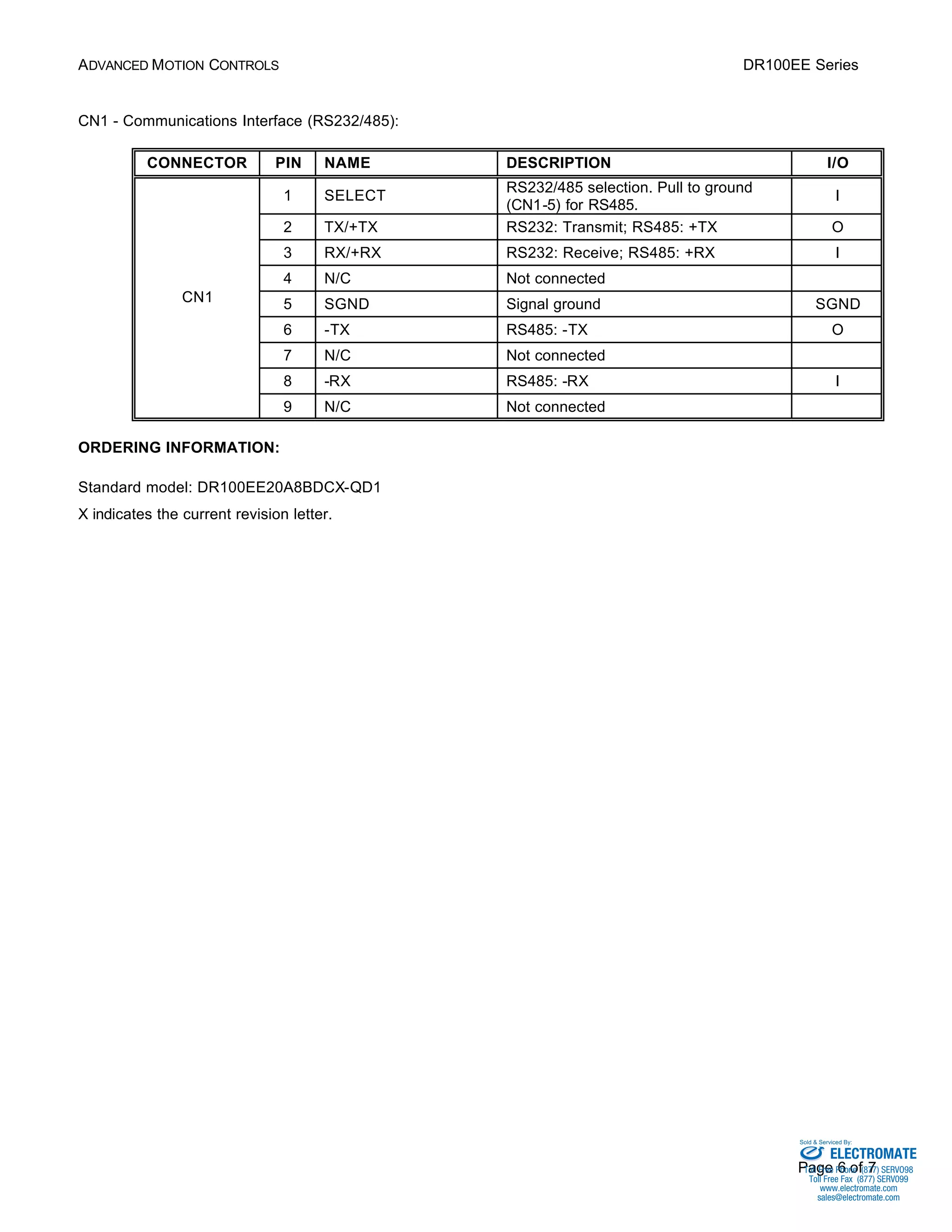 ADVANCED MOTION CONTROLS DR100EE Series 
Sold & Serviced By: 
Page 6 of 7 
CN1 - Communications Interface (RS232/485): 
CONNECTOR PIN NAME DESCRIPTION I/O 
1 SELECT RS232/485 selection. Pull to ground 
(CN1-5) for RS485. 
I 
2 TX/+TX RS232: Transmit; RS485: +TX O 
3 RX/+RX RS232: Receive; RS485: +RX I 
4 N/C Not connected 
5 SGND Signal ground SGND 
6 -TX RS485: -TX O 
7 N/C Not connected 
8 -RX RS485: -RX I 
CN1 
9 N/C Not connected 
ORDERING INFORMATION: 
Standard model: DR100EE20A8BDCX-QD1 
X indicates the current revision letter. 
ELECTROMATE 
Toll Free Phone (877) SERVO98 
Toll Free Fax (877) SERV099 
www.electromate.com 
sales@electromate.com 
 