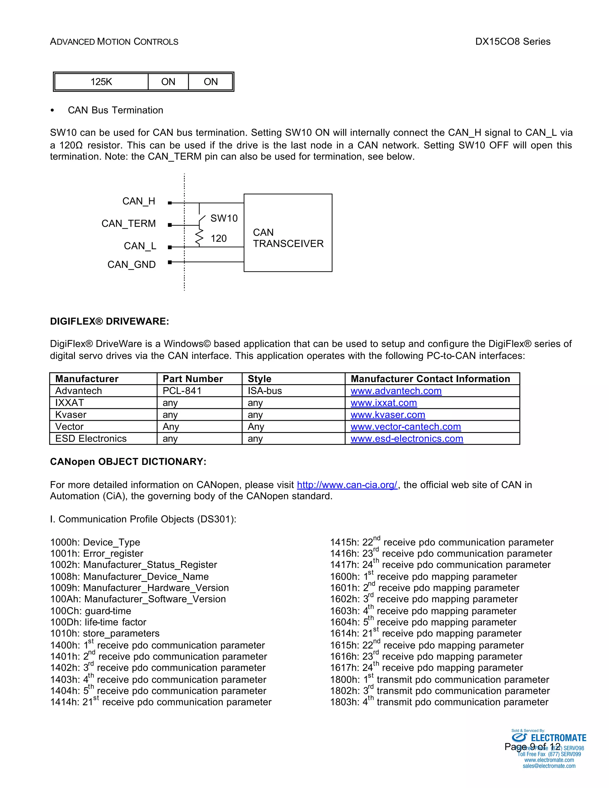 ADVANCED MOTION CONTROLS DX15CO8 Series 
Sold & Serviced By: 
Page 9 of 12 
125K ON ON 
·  CAN Bus Termination 
SW10 can be used for CAN bus termination. Setting SW10 ON will internally connect the CAN_H signal to CAN_L via 
a 120W resistor. This can be used if the drive is the last node in a CAN network. Setting SW10 OFF will open this 
termination. Note: the CAN_TERM pin can also be used for termination, see below. 
DIGIFLEX® DRIVEWARE: 
DigiFlex® DriveWare is a Windows© based application that can be used to setup and configure the DigiFlex® series of 
digital servo drives via the CAN interface. This application operates with the following PC-to-CAN interfaces: 
Manufacturer Part Number Style Manufacturer Contact Information 
Advantech PCL-841 ISA-bus www.advantech.com 
IXXAT any any www.ixxat.com 
Kvaser any any www.kvaser.com 
Vector Any Any www.vector-cantech.com 
ESD Electronics any any www.esd-electronics.com 
CANopen OBJECT DICTIONARY: 
For more detailed information on CANopen, please visit http://www.can-cia.org/, the official web site of CAN in 
Automation (CiA), the governing body of the CANopen standard. 
I. Communication Profile Objects (DS301): 
1000h: Device_Type 
1415h: 22nd receive pdo communication parameter 
1001h: Error_register 
1416h: 23rd receive pdo communication parameter 
1002h: Manufacturer_Status_Register 
1417h: 24th receive pdo communication parameter 
1008h: Manufacturer_Device_Name 
1600h: 1st receive pdo mapping parameter 
1009h: Manufacturer_Hardware_Version 
1601h: 2nd receive pdo mapping parameter 
100Ah: Manufacturer_Software_Version 
1602h: 3rd receive pdo mapping parameter 
100Ch: guard-time 
1603h: 4th receive pdo mapping parameter 
100Dh: life-time factor 
1604h: 5th receive pdo mapping parameter 
1010h: store_parameters 
1614h: 21st receive pdo mapping parameter 
1400h: 1st receive pdo communication parameter 
1615h: 22nd receive pdo mapping parameter 
1401h: 2nd receive pdo communication parameter 
1616h: 23rd receive pdo mapping parameter 
1402h: 3rd receive pdo communication parameter 
1617h: 24th receive pdo mapping parameter 
1403h: 4th receive pdo communication parameter 
1800h: 1st transmit pdo communication parameter 
1404h: 5th receive pdo communication parameter 
1802h: 3rd transmit pdo communication parameter 
1414h: 21st receive pdo communication parameter 
1803h: 4th transmit pdo communication parameter 
CAN 
TRANSCEIVER 
CAN_H 
CAN_L 
CAN_GND 
SW10 
120 
CAN_TERM 
ELECTROMATE 
Toll Free Phone (877) SERVO98 
Toll Free Fax (877) SERV099 
www.electromate.com 
sales@electromate.com 
 