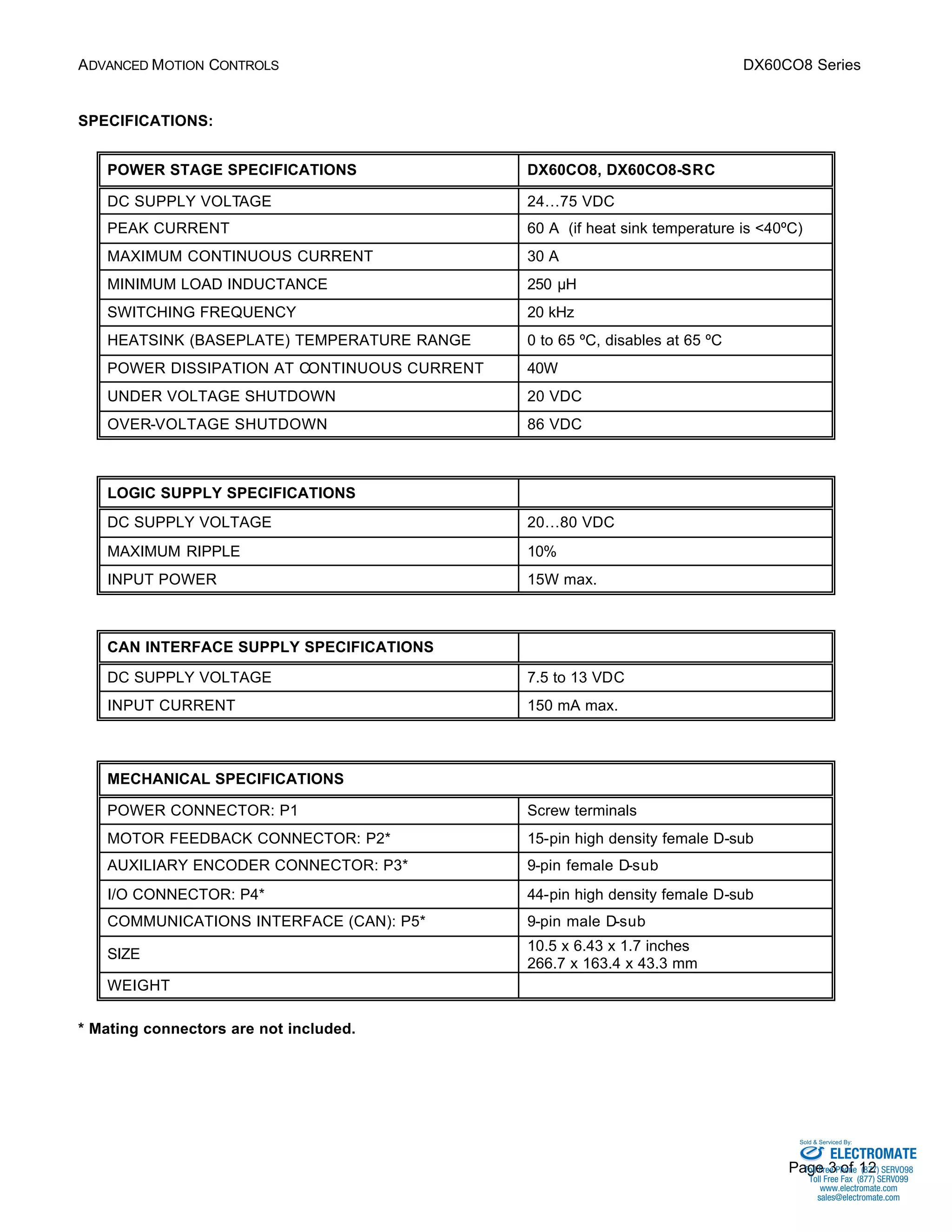 ADVANCED MOTION CONTROLS DX60CO8 Series 
Sold & Serviced By: 
Page 3 of 12 
SPECIFICATIONS: 
POWER STAGE SPECIFICATIONS DX60CO8, DX60CO8-SRC 
DC SUPPLY VOLTAGE 24…75 VDC 
PEAK CURRENT 60 A (if heat sink temperature is <40ºC) 
MAXIMUM CONTINUOUS CURRENT 30 A 
MINIMUM LOAD INDUCTANCE 250 μH 
SWITCHING FREQUENCY 20 kHz 
HEATSINK (BASEPLATE) TEMPERATURE RANGE 0 to 65 ºC, disables at 65 ºC 
POWER DISSIPATION AT CONTINUOUS CURRENT 40W 
UNDER VOLTAGE SHUTDOWN 20 VDC 
OVER-VOLTAGE SHUTDOWN 86 VDC 
LOGIC SUPPLY SPECIFICATIONS 
DC SUPPLY VOLTAGE 20…80 VDC 
MAXIMUM RIPPLE 10% 
INPUT POWER 15W max. 
CAN INTERFACE SUPPLY SPECIFICATIONS 
DC SUPPLY VOLTAGE 7.5 to 13 VDC 
INPUT CURRENT 150 mA max. 
MECHANICAL SPECIFICATIONS 
POWER CONNECTOR: P1 Screw terminals 
MOTOR FEEDBACK CONNECTOR: P2* 15-pin high density female D-sub 
AUXILIARY ENCODER CONNECTOR: P3* 9-pin female D-sub 
I/O CONNECTOR: P4* 44-pin high density female D-sub 
COMMUNICATIONS INTERFACE (CAN): P5* 9-pin male D-sub 
SIZE 10.5 x 6.43 x 1.7 inches 
266.7 x 163.4 x 43.3 mm 
WEIGHT 
* Mating connectors are not included. 
ELECTROMATE 
Toll Free Phone (877) SERVO98 
Toll Free Fax (877) SERV099 
www.electromate.com 
sales@electromate.com 
 