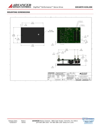 DigiFlex® Performance™ Servo Drive DZCANTE-025L200 
Release Date: 
4/28/2014 
Status: 
Active 
ADVANCED Motion Controls · 3805 Calle Tecate, Camarillo, CA, 93012 
ph# 805-389-1935 · fx# 805-389-1165· www.a-m-c.com Page 7 of 8 
MOUNTING DIMENSIONS 
ELECTROMATE 
Toll Free Phone (877) SERVO98 
Toll Free Fax (877) SERV099 
www.electromate.com 
sales@electromate.com 
Sold & Serviced By: 
 