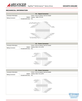 DigiFlex® Performance™ Servo Drive DZCANTE-040L080 
MECHANICAL INFORMATION 
P1 - Signal Connector 
Connector Information 
30-pin, 2.54 mm spaced, dual-row header 
Mating Connector 
Details 
Samtec: SSM-115-L-DV 
Included with Drive 
No 
CAN ADDR 01CAN ADDR 12PAI-1 + (REF+)3PAI-1 -(REF-)4GND5CAN BAUD6PDO-17PDO-28PDO-39PDI-110PDI-211PDI-3 (CAP-A)12RS232 RX13RS232 TX15CAN RX14PDI-4 -(PWM-/ AUX ENC A-/ CAP-B-)18CAN TX16PDI-5 -(DIR-/ AUX ENC B-/ CAP-C-)20HALL A22HALL C24MOT ENC I-26MOT ENC A-28MOT ENC B-30MOT ENC B+29MOT ENC A+27MOT ENC I+25HALL B23GND21PDI-5 + (DIR+ / AUX ENC B+ / CAP-C+)19PDI-4 + (PWM+ / AUX ENC A+ / CAP-B+)17 
P2 - Power Connector 
Connector Information 
24-pin, 2.54 mm spaced, dual-row header 
Mating Connector 
Details 
Samtec: BCS-112-L-D-PE 
Included with Drive 
No 
MOTOR A12aMOTOR A11aMOTOR A11bMOTOR B10aMOTOR B10bMOTOR B9aMOTOR B9bMOTOR C8aMOTOR C8bMOTOR CHIGH VOLTAGEMOTOR CHIGH VOLTAGEHIGH VOLTAGEGNDGNDGNDGNDHIGH VOLTAGELOGIC PWR7a5a4a3a2a1a12b2b3b4b5b7bMOTOR A P3 - Power Connector 
Connector Information 
24-pin, 2.54 mm spaced, dual-row header 
Mating Connector 
Details 
Samtec: BCS-112-L-D-PE 
Included with Drive 
No 
MOTOR A12aMOTOR A11aMOTOR A11bMOTOR B10aMOTOR B10bMOTOR B9aMOTOR B9bMOTOR C8aMOTOR C8bMOTOR CHIGH VOLTAGEMOTOR CHIGH VOLTAGEHIGH VOLTAGEGNDGNDGNDGNDHIGH VOLTAGE7a5a4a3a2a12b2b3b4b5b7bMOTOR A 
ELECTROMATE 
Toll Free Phone (877) SERVO98 
Toll Free Fax (877) SERV099 
www.electromate.com 
sales@electromate.com 
Sold & Serviced By: 
 