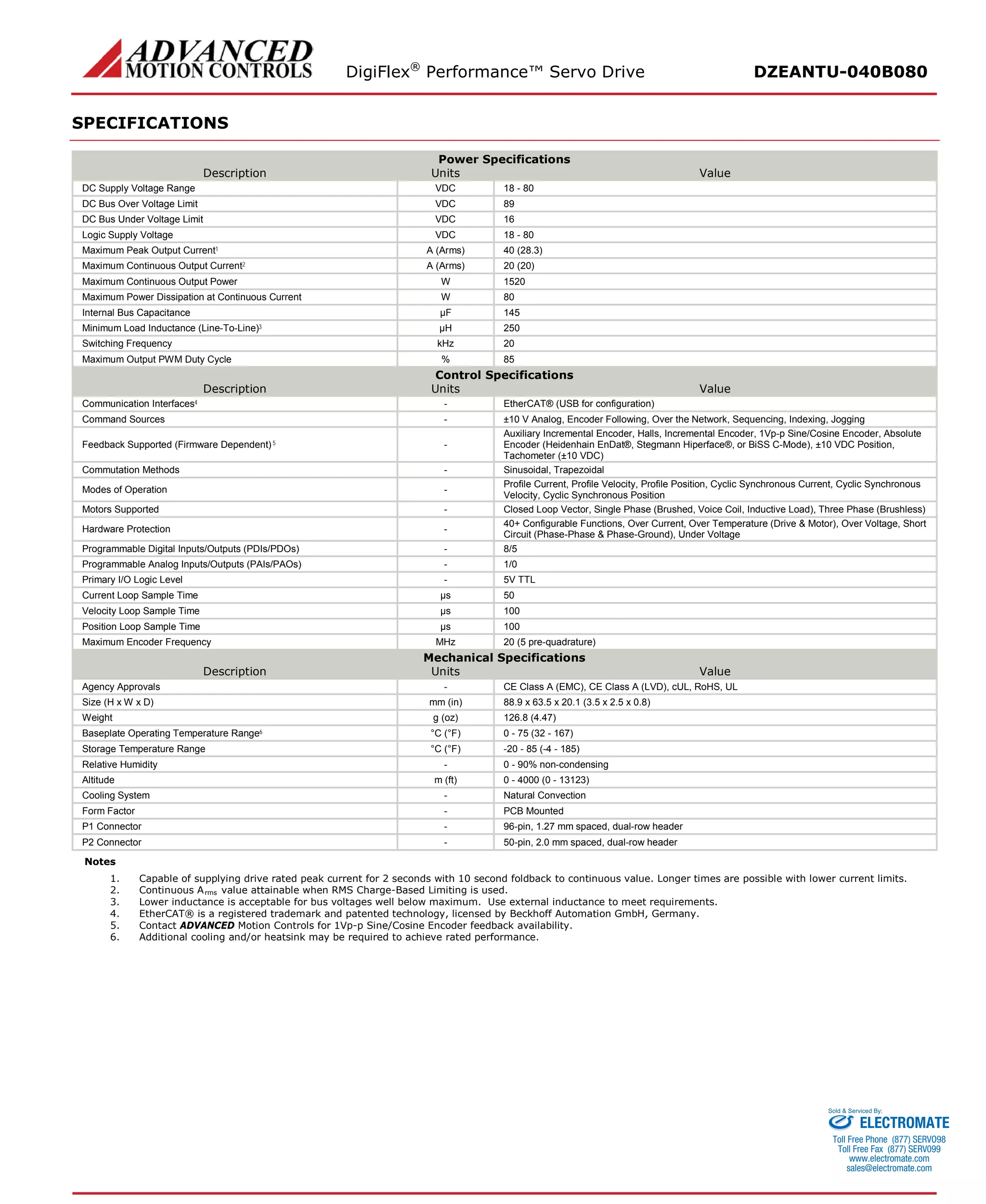 DigiFlex® Performance™ Servo Drive DZEANTU-040B080 
SPECIFICATIONS 
Power Specifications 
Description 
Units 
Value 
DC Supply Voltage Range 
VDC 
18 - 80 
DC Bus Over Voltage Limit 
VDC 
89 
DC Bus Under Voltage Limit 
VDC 
16 
Logic Supply Voltage 
VDC 
18 - 80 
Maximum Peak Output Current1 
A (Arms) 
40 (28.3) 
Maximum Continuous Output Current2 
A (Arms) 
20 (20) 
Maximum Continuous Output Power 
W 
1520 
Maximum Power Dissipation at Continuous Current 
W 
80 
Internal Bus Capacitance 
μF 
145 
Minimum Load Inductance (Line-To-Line)3 
μH 
250 
Switching Frequency 
kHz 
20 
Maximum Output PWM Duty Cycle 
% 
85 
Control Specifications 
Description 
Units 
Value 
Communication Interfaces4 
- 
EtherCAT® (USB for configuration) 
Command Sources 
- 
±10 V Analog, Encoder Following, Over the Network, Sequencing, Indexing, Jogging 
Feedback Supported (Firmware Dependent) 5 
- 
Auxiliary Incremental Encoder, Halls, Incremental Encoder, 1Vp-p Sine/Cosine Encoder, Absolute Encoder (Heidenhain EnDat®, Stegmann Hiperface®, or BiSS C-Mode), ±10 VDC Position, Tachometer (±10 VDC) 
Commutation Methods 
- 
Sinusoidal, Trapezoidal 
Modes of Operation 
- 
Profile Current, Profile Velocity, Profile Position, Cyclic Synchronous Current, Cyclic Synchronous Velocity, Cyclic Synchronous Position 
Motors Supported 
- 
Closed Loop Vector, Single Phase (Brushed, Voice Coil, Inductive Load), Three Phase (Brushless) 
Hardware Protection 
- 
40+ Configurable Functions, Over Current, Over Temperature (Drive & Motor), Over Voltage, Short Circuit (Phase-Phase & Phase-Ground), Under Voltage 
Programmable Digital Inputs/Outputs (PDIs/PDOs) 
- 
8/5 
Programmable Analog Inputs/Outputs (PAIs/PAOs) 
- 
1/0 
Primary I/O Logic Level 
- 
5V TTL 
Current Loop Sample Time 
μs 
50 
Velocity Loop Sample Time 
μs 
100 
Position Loop Sample Time 
μs 
100 
Maximum Encoder Frequency 
MHz 
20 (5 pre-quadrature) 
Mechanical Specifications 
Description 
Units 
Value 
Agency Approvals 
- 
CE Class A (EMC), CE Class A (LVD), cUL, RoHS, UL 
Size (H x W x D) 
mm (in) 
88.9 x 63.5 x 20.1 (3.5 x 2.5 x 0.8) 
Weight 
g (oz) 
126.8 (4.47) 
Baseplate Operating Temperature Range6 
°C (°F) 
0 - 75 (32 - 167) 
Storage Temperature Range 
°C (°F) 
-20 - 85 (-4 - 185) 
Relative Humidity 
- 
0 - 90% non-condensing 
Altitude 
m (ft) 
0 - 4000 (0 - 13123) 
Cooling System 
- 
Natural Convection 
Form Factor 
- 
PCB Mounted 
P1 Connector 
- 
96-pin, 1.27 mm spaced, dual-row header 
P2 Connector 
- 
50-pin, 2.0 mm spaced, dual-row header 
Notes 
1. Capable of supplying drive rated peak current for 2 seconds with 10 second foldback to continuous value. Longer times are possible with lower current limits. 
2. Continuous Arms value attainable when RMS Charge-Based Limiting is used. 
3. Lower inductance is acceptable for bus voltages well below maximum. Use external inductance to meet requirements. 
4. EtherCAT® is a registered trademark and patented technology, licensed by Beckhoff Automation GmbH, Germany. 
5. Contact ADVANCED Motion Controls for 1Vp-p Sine/Cosine Encoder feedback availability. 
6. Additional cooling and/or heatsink may be required to achieve rated performance. 
ELECTROMATE 
Toll Free Phone (877) SERVO98 
Toll Free Fax (877) SERV099 
www.electromate.com 
sales@electromate.com 
Sold & Serviced By: 
 