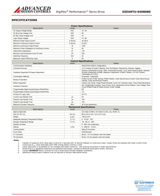 DigiFlex® Performance™ Servo Drive DZEANTU-040B080 
SPECIFICATIONS 
Power Specifications 
Description 
Units 
Value 
DC Supply Voltage Range 
VDC 
18 - 80 
DC Bus Over Voltage Limit 
VDC 
89 
DC Bus Under Voltage Limit 
VDC 
16 
Logic Supply Voltage 
VDC 
18 - 80 
Maximum Peak Output Current1 
A (Arms) 
40 (28.3) 
Maximum Continuous Output Current2 
A (Arms) 
20 (20) 
Maximum Continuous Output Power 
W 
1520 
Maximum Power Dissipation at Continuous Current 
W 
80 
Internal Bus Capacitance 
μF 
145 
Minimum Load Inductance (Line-To-Line)3 
μH 
250 
Switching Frequency 
kHz 
20 
Maximum Output PWM Duty Cycle 
% 
85 
Control Specifications 
Description 
Units 
Value 
Communication Interfaces4 
- 
EtherCAT® (USB for configuration) 
Command Sources 
- 
±10 V Analog, Encoder Following, Over the Network, Sequencing, Indexing, Jogging 
Feedback Supported (Firmware Dependent) 5 
- 
Auxiliary Incremental Encoder, Halls, Incremental Encoder, 1Vp-p Sine/Cosine Encoder, Absolute Encoder (Heidenhain EnDat®, Stegmann Hiperface®, or BiSS C-Mode), ±10 VDC Position, Tachometer (±10 VDC) 
Commutation Methods 
- 
Sinusoidal, Trapezoidal 
Modes of Operation 
- 
Profile Current, Profile Velocity, Profile Position, Cyclic Synchronous Current, Cyclic Synchronous Velocity, Cyclic Synchronous Position 
Motors Supported 
- 
Closed Loop Vector, Single Phase (Brushed, Voice Coil, Inductive Load), Three Phase (Brushless) 
Hardware Protection 
- 
40+ Configurable Functions, Over Current, Over Temperature (Drive & Motor), Over Voltage, Short Circuit (Phase-Phase & Phase-Ground), Under Voltage 
Programmable Digital Inputs/Outputs (PDIs/PDOs) 
- 
8/5 
Programmable Analog Inputs/Outputs (PAIs/PAOs) 
- 
1/0 
Primary I/O Logic Level 
- 
5V TTL 
Current Loop Sample Time 
μs 
50 
Velocity Loop Sample Time 
μs 
100 
Position Loop Sample Time 
μs 
100 
Maximum Encoder Frequency 
MHz 
20 (5 pre-quadrature) 
Mechanical Specifications 
Description 
Units 
Value 
Agency Approvals 
- 
CE Class A (EMC), CE Class A (LVD), cUL, RoHS, UL 
Size (H x W x D) 
mm (in) 
88.9 x 63.5 x 20.1 (3.5 x 2.5 x 0.8) 
Weight 
g (oz) 
126.8 (4.47) 
Baseplate Operating Temperature Range6 
°C (°F) 
0 - 75 (32 - 167) 
Storage Temperature Range 
°C (°F) 
-20 - 85 (-4 - 185) 
Relative Humidity 
- 
0 - 90% non-condensing 
Altitude 
m (ft) 
0 - 4000 (0 - 13123) 
Cooling System 
- 
Natural Convection 
Form Factor 
- 
PCB Mounted 
P1 Connector 
- 
96-pin, 1.27 mm spaced, dual-row header 
P2 Connector 
- 
50-pin, 2.0 mm spaced, dual-row header 
Notes 
1. Capable of supplying drive rated peak current for 2 seconds with 10 second foldback to continuous value. Longer times are possible with lower current limits. 
2. Continuous Arms value attainable when RMS Charge-Based Limiting is used. 
3. Lower inductance is acceptable for bus voltages well below maximum. Use external inductance to meet requirements. 
4. EtherCAT® is a registered trademark and patented technology, licensed by Beckhoff Automation GmbH, Germany. 
5. Contact ADVANCED Motion Controls for 1Vp-p Sine/Cosine Encoder feedback availability. 
6. Additional cooling and/or heatsink may be required to achieve rated performance. 
ELECTROMATE 
Toll Free Phone (877) SERVO98 
Toll Free Fax (877) SERV099 
www.electromate.com 
sales@electromate.com 
Sold & Serviced By: 
 