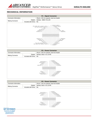 DigiFlex® Performance™ Servo Drive DZRALTE-060L080 
MECHANICAL INFORMATION 
P1 - Signal Connector 
Connector Information 
30-pin, 2.54 mm spaced, dual-row header 
Mating Connector 
Details 
Samtec: SSM-115-L-DV 
Included with Drive 
No 
RS485 ADDR 01RS485 ADDR 12PAI-1 + (REF+)3PAI-1 -(REF-)4GND5RS485 BAUD6PDO-17PDO-28PDO-39PDI-110PDI-211PDI-3 (CAP-A)12RS232 RX / RS485 RX-13RS232 TX / RS485 TX-15RS485 RX+14PDI-4 -(PWM-/ STEP-/ AUX ENC A-/ CAP-B-)18RS485 TX+16PDI-5 -(DIR-/ AUX ENC B-/ CAP-C-)20HALL A22HALL C24MOT ENC I-26MOT ENC A-28MOT ENC B-30MOT ENC B+29MOT ENC A+27MOT ENC I+25HALL B23GND21PDI-5 + (DIR+ / AUX ENC B+ / CAP-C+)19PDI-4 + (PWM+ / STEP+ / AUX ENC A+ / CAP-B+)17 
P2 - Power Connector 
Connector Information 
24-pin, 2.54 mm spaced, dual-row header 
Mating Connector 
Details 
Samtec: BCS-112-L-D-PE 
Included with Drive 
No 
MOTOR A12aMOTOR A11aMOTOR A11bMOTOR B10aMOTOR B10bMOTOR B9aMOTOR B9bMOTOR C8aMOTOR C8bMOTOR CHIGH VOLTAGEMOTOR CHIGH VOLTAGEHIGH VOLTAGEGNDGNDGNDGNDHIGH VOLTAGELOGIC PWR7a5a4a3a2a1a12b2b3b4b5b7bMOTOR A 
P3 - Power Connector 
Connector Information 
24-pin, 2.54 mm spaced, dual-row header 
Mating Connector 
Details 
Samtec: BCS-112-L-D-PE 
Included with Drive 
No 
MOTOR A12aMOTOR A11aMOTOR A11bMOTOR B10aMOTOR B10bMOTOR B9aMOTOR B9bMOTOR C8aMOTOR C8bMOTOR CHIGH VOLTAGEMOTOR CHIGH VOLTAGEHIGH VOLTAGEGNDGNDGNDGNDHIGH VOLTAGE7a5a4a3a2a12b2b3b4b5b7bMOTOR A 
ELECTROMATE 
Toll Free Phone (877) SERVO98 
Toll Free Fax (877) SERV099 
www.electromate.com 
sales@electromate.com 
Sold & Serviced By: 
 