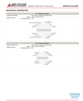 DigiFlex® Performance™ Servo Drive DZXRALTE-015L080 
MECHANICAL INFORMATION 
P1 - Signal Connector 
Connector Information 
30-pin, 2.54 mm spaced, dual-row header 
Mating Connector 
Details 
Samtec: SSM-115-L-DV 
Included with Drive 
No 
RS485 ADDR 01RS485 ADDR 12PAI-1 + (REF+)3PAI-1 -(REF-)4GND5RS485 BAUD6PDO-17PDO-28PDO-39PDI-110PDI-211PDI-3 (CAP-A)12RS232 RX / RS485 RX-13RS232 TX / RS485 TX-15RS485 RX+14PDI-4 -(PWM-/ STEP-/ AUX ENC A-/ CAP-B-)18RS485 TX+16PDI-5 -(DIR-/ AUX ENC B-/ CAP-C-)20HALL A22HALL C24MOT ENC I-26MOT ENC A-28MOT ENC B-30MOT ENC B+29MOT ENC A+27MOT ENC I+25HALL B23GND21PDI-5 + (DIR+ / AUX ENC B+ / CAP-C+)19PDI-4 + (PWM+ / STEP+ / AUX ENC A+ / CAP-B+)17 
P2 - Power Connector 
Connector Information 
24-pin, 2.54 mm spaced, dual-row header 
Mating Connector 
Details 
Samtec: BCS-112-L-D-PE 
Included with Drive 
No 
MOTOR A12aMOTOR A11aMOTOR A11bMOTOR B10aMOTOR B10bMOTOR B9aMOTOR B9bMOTOR C8aMOTOR C8bMOTOR CHIGH VOLTAGEMOTOR CHIGH VOLTAGEHIGH VOLTAGEGNDGNDGNDGNDHIGH VOLTAGELOGIC PWR7a5a4a3a2a1a12b2b3b4b5b7bMOTOR A 
ELECTROMATE 
Toll Free Phone (877) SERVO98 
Toll Free Fax (877) SERV099 
www.electromate.com 
sales@electromate.com 
Sold & Serviced By: 
 