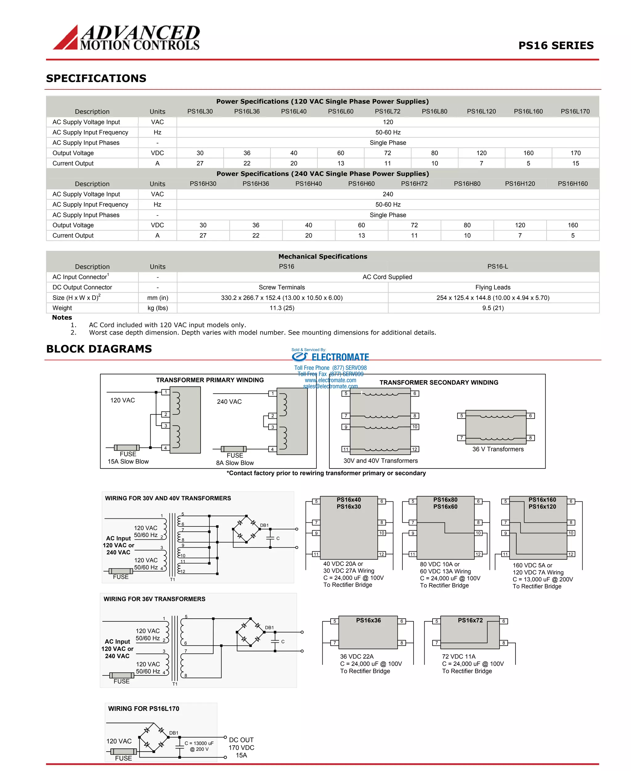 PS16 SERIES 
SPECIFICATIONS 
Power Specifications (120 VAC Single Phase Power Supplies) 
Description Units PS16L30 PS16L36 PS16L40 PS16L60 PS16L72 PS16L80 PS16L120 PS16L160 PS16L170 
AC Supply Voltage Input VAC 120 
AC Supply Input Frequency Hz 50-60 Hz 
AC Supply Input Phases - Single Phase 
Output Voltage VDC 30 36 40 60 72 80 120 160 170 
Current Output A 27 22 20 13 11 10 7 5 15 
Power Specifications (240 VAC Single Phase Power Supplies) 
Description Units PS16H30 PS16H36 PS16H40 PS16H60 PS16H72 PS16H80 PS16H120 PS16H160 
AC Supply Voltage Input VAC 240 
AC Supply Input Frequency Hz 50-60 Hz 
AC Supply Input Phases - Single Phase 
Output Voltage VDC 30 36 40 60 72 80 120 160 
Current Output A 27 22 20 13 11 10 7 5 
Mechanical Specifications 
Description Units PS16 PS16-L 
AC Input Connector1 - AC Cord Supplied 
DC Output Connector - Screw Terminals Flying Leads 
Size (H x W x D)2 mm (in) 330.2 x 266.7 x 152.4 (13.00 x 10.50 x 6.00) 254 x 125.4 x 144.8 (10.00 x 4.94 x 5.70) 
Weight kg (lbs) 11.3 (25) 9.5 (21) 
Notes 
1. AC Cord included with 120 VAC input models only. 
2. Worst case depth dimension. Depth varies with model number. See mounting dimensions for additional details. 
BLOCK DIAGRAMS 
TRANSFORMER PRIMARY WINDING 
1 
2 
3 
4 
120 VAC 
FUSE 
15A Slow Blow 
1 
2 
3 
4 
240 VAC 
FUSE 
8A Slow Blow 
TRANSFORMER SECONDARY WINDING 
5 
7 
6 
8 
36 V Transformers 
5 
7 
9 
11 
6 
8 
10 
12 
30V and 40V Transformers 
Sold & Serviced By: 
*Contact factory prior to rewiring transformer primary or secondary 
5 
7 
9 
11 
6 
8 
10 
12 
PS16x40 
PS16x30 
40 VDC 20A or 
30 VDC 27A Wiring 
C = 24,000 uF @ 100V 
To Rectifier Bridge 
5 
7 
9 
11 
6 
8 
10 
12 
PS16x80 
PS16x60 
80 VDC 10A or 
60 VDC 13A Wiring 
C = 24,000 uF @ 100V 
To Rectifier Bridge 
5 
7 
9 
11 
6 
8 
10 
12 
PS16x160 
PS16x120 
160 VDC 5A or 
120 VDC 7A Wiring 
C = 13,000 uF @ 200V 
To Rectifier Bridge 
WIRING FOR 30V AND 40V TRANSFORMERS 
120 VAC 
50/60 Hz 
AC Input 
120 VAC or 
240 VAC 
120 VAC 
50/60 Hz 
FUSE 
1 
2 
3 
4 
5 
67 
89 
10 
11 
12 
C 
T1 
DB1 
5 
7 
6 
8 
PS16x36 
36 VDC 22A 
C = 24,000 uF @ 100V 
To Rectifier Bridge 
5 
7 
6 
8 
PS16x72 
72 VDC 11A 
C = 24,000 uF @ 100V 
To Rectifier Bridge 
WIRING FOR 36V TRANSFORMERS 
AC Input 
120 VAC or 
240 VAC 
120 VAC 
50/60 Hz 
120 VAC 
50/60 Hz 
FUSE 
1 
2 
3 
4 
5 
6 
7 
8 
C 
T1 
DB1 
120 VAC 
FUSE 
C = 13000 uF 
@ 200 V 
WIRING FOR PS16L170 
DC OUT 
170 VDC 
15A 
DB1 
ELECTROMATE 
Toll Free Phone (877) SERVO98 
Toll Free Fax (877) SERV099 
www.electromate.com 
sales@electromate.com 
 