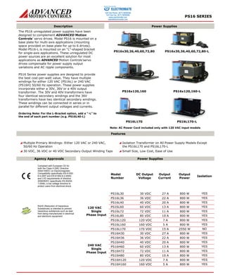 PS16 SERIES 
Sold & Serviced By: 
ELECTROMATE 
Toll Free Phone (877) SERVO98 
Toll Free Fax (877) SERV099 
www.electromate.com 
sales@electromate.com 
Description Power Supplies 
PS16x30,36,40,60,72,80 PS16x30,36,40,60,72,80-L 
PS16x120,160 PS16x120,160-L 
The PS16 unregulated power supplies have been 
designed to complement ADVANCED Motion 
Controls’ servo drives. Model PS16 is mounted on a 
base plate for multi-axis applications (mounting 
space provided on base plate for up to 6 drives). 
Model PS16-L is mounted on an “L”-shaped bracket 
for single-axis applications. These unregulated DC 
power sources are an excellent solution for most 
applications as ADVANCED Motion Controls’servo 
drives compensate for power supply output 
variations and AC ripple components. 
PS16 Series power supplies are designed to provide 
the best cost-per-watt value. They have multiple 
windings for either 120 VAC (PS16L) or 240 VAC 
(PS16H) 50/60 Hz operation. These power supplies 
incorporate either a 30V, 36V or a 40V output 
transformer. The 30V and 40V transformers have 
four identical secondary windings and the 36V 
transformers have two identical secondary windings. 
These windings can be connected in series or in 
parallel for different output voltages and currents. 
Ordering Note: For the L-Bracket option, add a “-L” to 
the end of each part number (e.g. PS16L40-L) 
PS16L170 PS16L170-L 
Note: AC Power Cord included only with 120 VAC input models 
Features 
 Multiple Primary Windings: Either 120 VAC or 240 VAC, 
50/60 Hz Operation 
 30 VDC, 36 VDC or 40 VDC Secondary Output Winding Taps 
 Isolation Transformer on All Power Supply Models Except 
the PS16L170 and PS16L170-L 
 Small Size, Low Cost, Ease of Use 
Agency Approvals Power Supplies 
Compliant with European CE for 
both the Class A EMC Directive 
2004/108/EC on Electromagnetic 
Compatibility (specifically EN 61000- 
6-4:2007 and EN 61000-6-2:2005) 
and LVD requirements of directive 
2006/95/EC (specifically EN 60204- 
1:2006), a low voltage directive to 
protect users from electrical shock. 
Model 
Number 
DC Output 
Voltage 
Output 
Current 
Output 
Power 
Isolation 
PS16L30 30 VDC 27 A 800 W YES 
PS16L36 36 VDC 22 A 800 W YES 
PS16L40 40 VDC 20 A 800 W YES 
PS16L60 60 VDC 13 A 800 W YES 
PS16L72 72 VDC 11 A 800 W YES 
PS16L80 80 VDC 10 A 800 W YES 
PS16L120 120 VDC 7 A 800 W YES 
PS16L160 160 VDC 5 A 800 W YES 
RoHS (Reduction of Hazardous 
Substances) is intended to prevent 
hazardous substances such as lead 
from being manufactured in electrical 
and electronic equipment. 
120 VAC 
Single 
Phase Input 
PS16L170 170 VDC 15 A 2550 W NO 
PS16H30 30 VDC 27 A 800 W YES 
PS16H36 36 VDC 22 A 800 W YES 
PS16H40 40 VDC 20 A 800 W YES 
PS16H60 60 VDC 13 A 800 W YES 
PS16H72 72 VDC 11 A 800 W YES 
PS16H80 80 VDC 10 A 800 W YES 
PS16H120 120 VDC 7 A 800 W YES 
240 VAC 
Single 
Phase Input 
PS16H160 160 VDC 5 A 800 W YES 
 