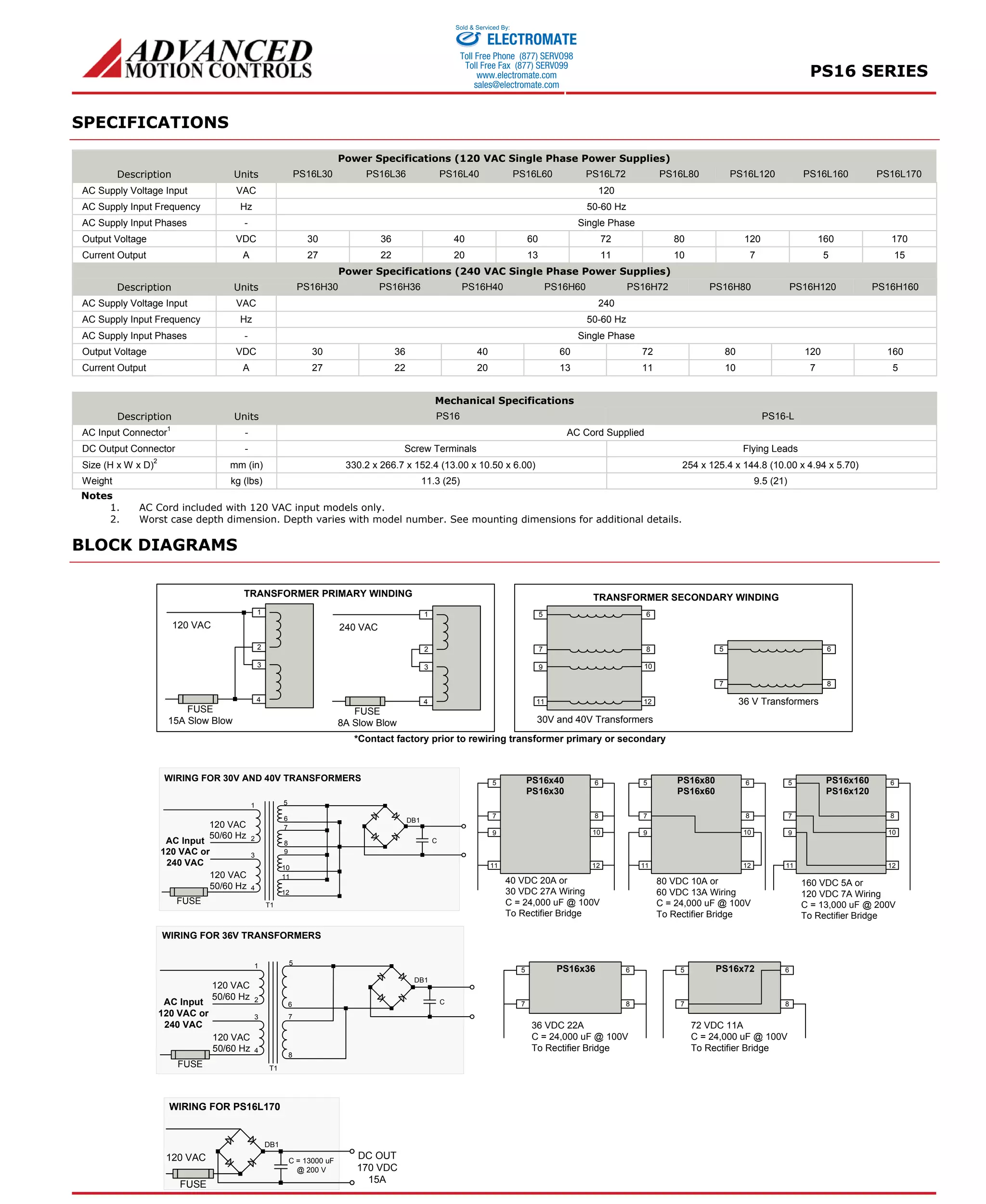 PS16 SERIES 
SPECIFICATIONS 
Sold & Serviced By: 
Power Specifications (120 VAC Single Phase Power Supplies) 
Description Units PS16L30 PS16L36 PS16L40 PS16L60 PS16L72 PS16L80 PS16L120 PS16L160 PS16L170 
AC Supply Voltage Input VAC 120 
AC Supply Input Frequency Hz 50-60 Hz 
AC Supply Input Phases - Single Phase 
Output Voltage VDC 30 36 40 60 72 80 120 160 170 
Current Output A 27 22 20 13 11 10 7 5 15 
Power Specifications (240 VAC Single Phase Power Supplies) 
Description Units PS16H30 PS16H36 PS16H40 PS16H60 PS16H72 PS16H80 PS16H120 PS16H160 
AC Supply Voltage Input VAC 240 
AC Supply Input Frequency Hz 50-60 Hz 
AC Supply Input Phases - Single Phase 
Output Voltage VDC 30 36 40 60 72 80 120 160 
Current Output A 27 22 20 13 11 10 7 5 
Mechanical Specifications 
Description Units PS16 PS16-L 
AC Input Connector1 - AC Cord Supplied 
DC Output Connector - Screw Terminals Flying Leads 
Size (H x W x D)2 mm (in) 330.2 x 266.7 x 152.4 (13.00 x 10.50 x 6.00) 254 x 125.4 x 144.8 (10.00 x 4.94 x 5.70) 
Weight kg (lbs) 11.3 (25) 9.5 (21) 
Notes 
1. AC Cord included with 120 VAC input models only. 
2. Worst case depth dimension. Depth varies with model number. See mounting dimensions for additional details. 
BLOCK DIAGRAMS 
TRANSFORMER PRIMARY WINDING 
1 
2 
3 
4 
120 VAC 
FUSE 
15A Slow Blow 
1 
2 
3 
4 
240 VAC 
FUSE 
8A Slow Blow 
TRANSFORMER SECONDARY WINDING 
5 
7 
6 
8 
36 V Transformers 
5 
7 
9 
11 
6 
8 
10 
12 
30V and 40V Transformers 
*Contact factory prior to rewiring transformer primary or secondary 
5 
7 
9 
11 
6 
8 
10 
12 
PS16x40 
PS16x30 
40 VDC 20A or 
30 VDC 27A Wiring 
C = 24,000 uF @ 100V 
To Rectifier Bridge 
5 
7 
9 
11 
6 
8 
10 
12 
PS16x80 
PS16x60 
80 VDC 10A or 
60 VDC 13A Wiring 
C = 24,000 uF @ 100V 
To Rectifier Bridge 
5 
7 
9 
11 
6 
8 
10 
12 
PS16x160 
PS16x120 
160 VDC 5A or 
120 VDC 7A Wiring 
C = 13,000 uF @ 200V 
To Rectifier Bridge 
WIRING FOR 30V AND 40V TRANSFORMERS 
120 VAC 
50/60 Hz 
AC Input 
120 VAC or 
240 VAC 
120 VAC 
50/60 Hz 
FUSE 
1 
2 
3 
4 
5 
67 
89 
10 
11 
12 
C 
T1 
DB1 
5 
7 
6 
8 
PS16x36 
36 VDC 22A 
C = 24,000 uF @ 100V 
To Rectifier Bridge 
5 
7 
6 
8 
PS16x72 
72 VDC 11A 
C = 24,000 uF @ 100V 
To Rectifier Bridge 
WIRING FOR 36V TRANSFORMERS 
AC Input 
120 VAC or 
240 VAC 
120 VAC 
50/60 Hz 
120 VAC 
50/60 Hz 
FUSE 
1 
2 
3 
4 
5 
6 
7 
8 
C 
T1 
DB1 
120 VAC 
FUSE 
C = 13000 uF 
@ 200 V 
WIRING FOR PS16L170 
DC OUT 
170 VDC 
15A 
DB1 
ELECTROMATE 
Toll Free Phone (877) SERVO98 
Toll Free Fax (877) SERV099 
www.electromate.com 
sales@electromate.com 
 