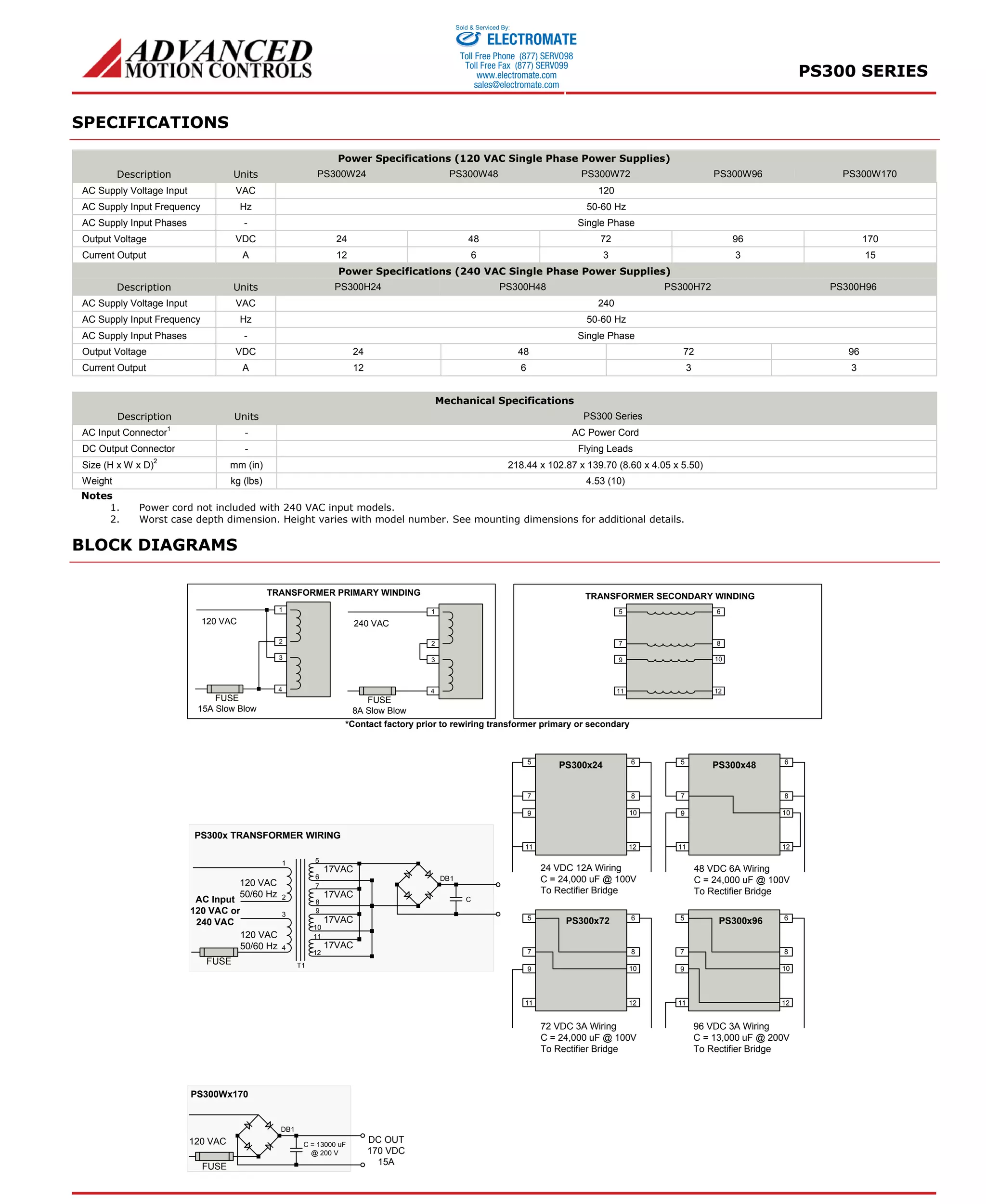 PS300 SERIES 
SPECIFICATIONS 
Sold & Serviced By: 
Power Specifications (120 VAC Single Phase Power Supplies) 
Description Units PS300W24 PS300W48 PS300W72 PS300W96 PS300W170 
AC Supply Voltage Input VAC 120 
AC Supply Input Frequency Hz 50-60 Hz 
AC Supply Input Phases - Single Phase 
Output Voltage VDC 24 48 72 96 170 
Current Output A 12 6 3 3 15 
Power Specifications (240 VAC Single Phase Power Supplies) 
Description Units PS300H24 PS300H48 PS300H72 PS300H96 
AC Supply Voltage Input VAC 240 
AC Supply Input Frequency Hz 50-60 Hz 
AC Supply Input Phases - Single Phase 
Output Voltage VDC 24 48 72 96 
Current Output A 12 6 3 3 
Mechanical Specifications 
Description Units PS300 Series 
AC Input Connector1 - AC Power Cord 
DC Output Connector - Flying Leads 
Size (H x W x D)2 mm (in) 218.44 x 102.87 x 139.70 (8.60 x 4.05 x 5.50) 
Weight kg (lbs) 4.53 (10) 
Notes 
1. Power cord not included with 240 VAC input models. 
2. Worst case depth dimension. Height varies with model number. See mounting dimensions for additional details. 
BLOCK DIAGRAMS 
TRANSFORMER PRIMARY WINDING 
1 
2 
3 
4 
120 VAC 
FUSE 
15A Slow Blow 
1 
2 
3 
4 
240 VAC 
FUSE 
8A Slow Blow 
TRANSFORMER SECONDARY WINDING 
5 
7 
9 
11 
6 
8 
10 
12 
*Contact factory prior to rewiring transformer primary or secondary 
5 
7 
9 
11 
6 
8 
10 
12 
PS300x24 
24 VDC 12A Wiring 
C = 24,000 uF @ 100V 
To Rectifier Bridge 
5 
7 
9 
11 
6 
8 
10 
12 
PS300x48 
48 VDC 6A Wiring 
C = 24,000 uF @ 100V 
To Rectifier Bridge 
5 
7 
9 
11 
6 
8 
10 
12 
PS300x96 
96 VDC 3A Wiring 
C = 13,000 uF @ 200V 
To Rectifier Bridge 
5 
7 
9 
11 
6 
8 
10 
12 
PS300x72 
72 VDC 3A Wiring 
C = 24,000 uF @ 100V 
To Rectifier Bridge 
PS300x TRANSFORMER WIRING 
120 VAC 
50/60 Hz 
AC Input 
120 VAC or 
240 VAC 
120 VAC 
50/60 Hz 
FUSE 
1 
2 
3 
4 
5 
67 
89 
10 
11 
12 
C 
T1 
DB1 
17VAC 
17VAC 
17VAC 
17VAC 
120 VAC 
FUSE 
C = 13000 uF 
@ 200 V 
PS300Wx170 
DC OUT 
170 VDC 
15A 
DB1 
ELECTROMATE 
Toll Free Phone (877) SERVO98 
Toll Free Fax (877) SERV099 
www.electromate.com 
sales@electromate.com 
 