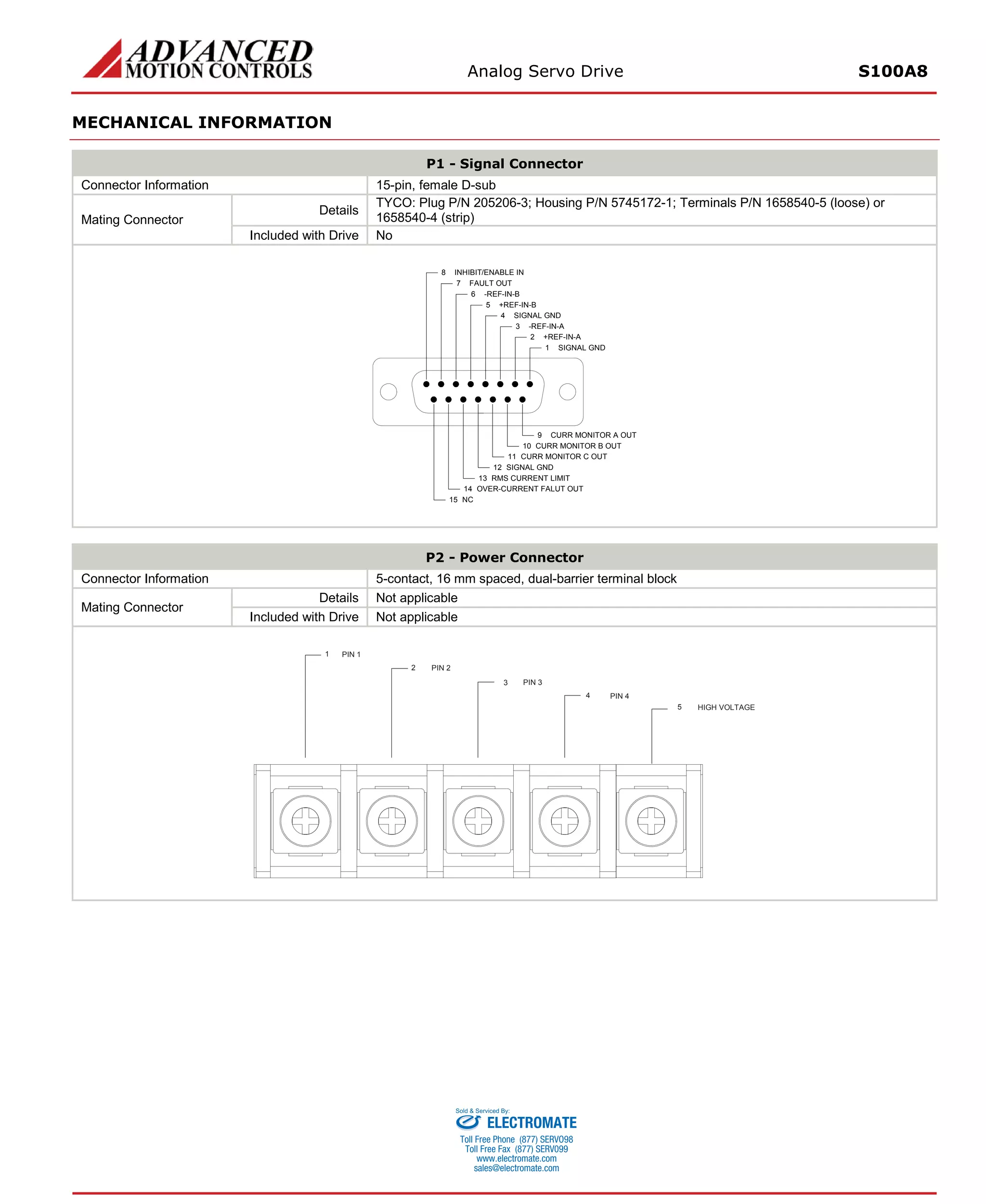 Analog Servo Drive S100A8 
MECHANICAL INFORMATION 
P1 - Signal Connector 
Connector Information 
15-pin, female D-sub 
Mating Connector 
Details 
TYCO: Plug P/N 205206-3; Housing P/N 5745172-1; Terminals P/N 1658540-5 (loose) or 1658540-4 (strip) 
Included with Drive 
No 
CURR MONITOR A OUT9CURR MONITOR B OUT10CURR MONITOR C OUT11RMS CURRENT LIMIT13SIGNAL GND12OVER-CURRENT FALUT OUT14NC15INHIBIT/ENABLE IN8FAULT OUT7-REF-IN-B6+REF-IN-B5SIGNAL GND4-REF-IN-A3+REF-IN-A2SIGNAL GND1 
P2 - Power Connector 
Connector Information 
5-contact, 16 mm spaced, dual-barrier terminal block 
Mating Connector 
Details 
Not applicable 
Included with Drive 
Not applicable 
HIGH VOLTAGE1PIN 12PIN 23PIN 34PIN 45 
ELECTROMATE 
Toll Free Phone (877) SERVO98 
Toll Free Fax (877) SERV099 
www.electromate.com 
sales@electromate.com 
Sold & Serviced By: 
 