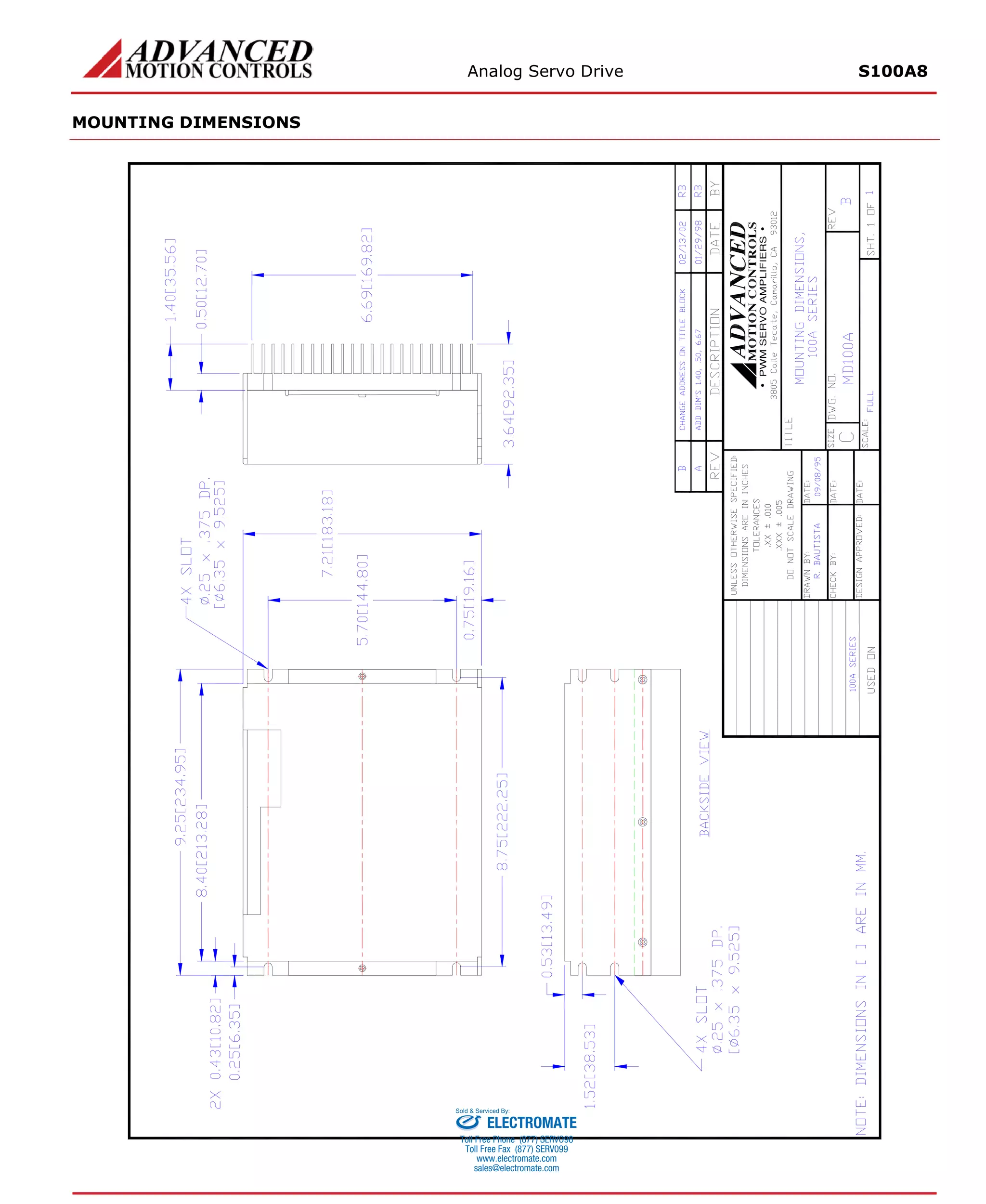 Analog Servo Drive S100A8 
MOUNTING DIMENSIONS 
ELECTROMATE 
Toll Free Phone (877) SERVO98 
Toll Free Fax (877) SERV099 
www.electromate.com 
sales@electromate.com 
Sold & Serviced By: 
 