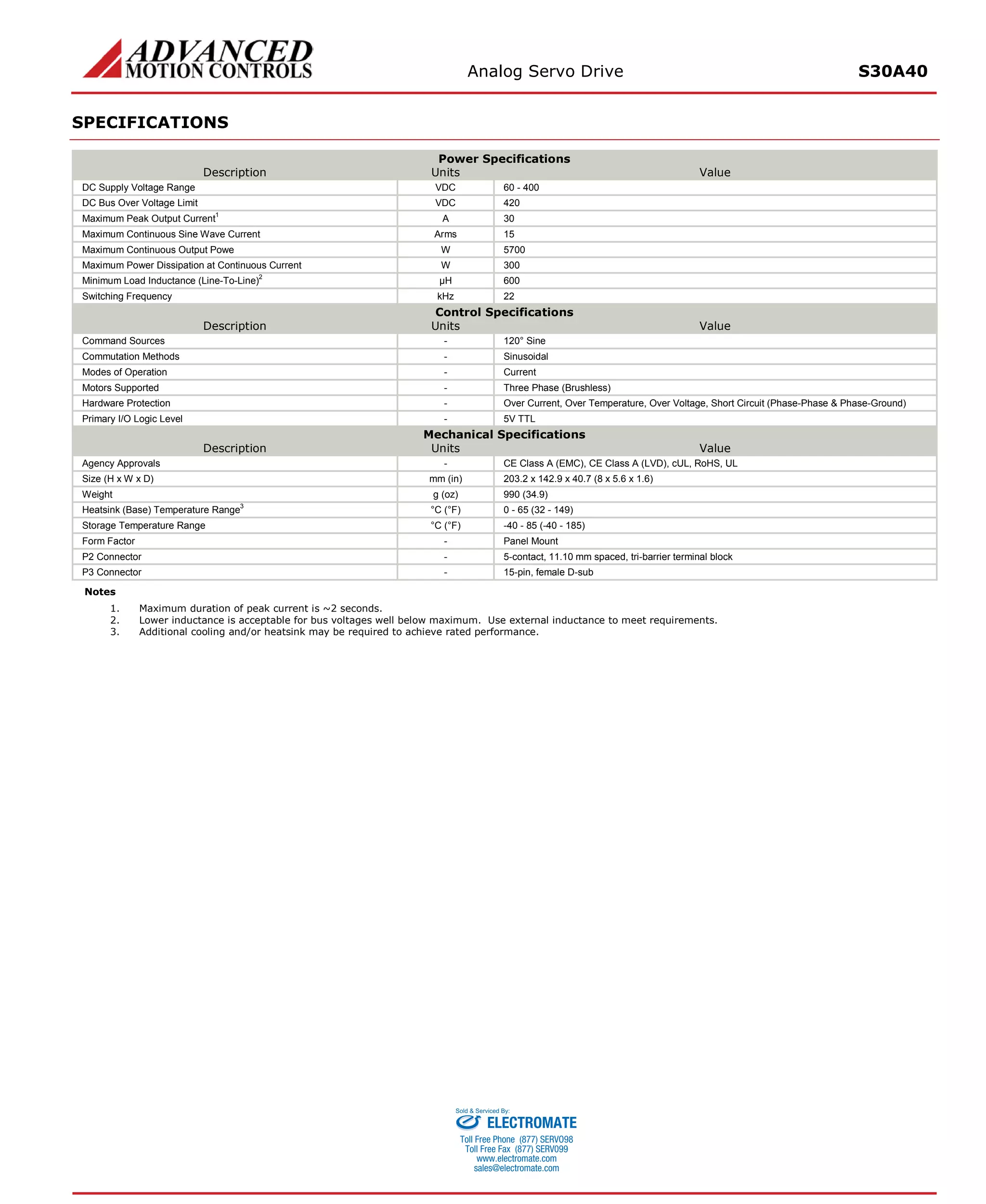 Analog Servo Drive S30A40 
SPECIFICATIONS 
Power Specifications 
Description 
Units 
Value 
DC Supply Voltage Range 
VDC 
60 - 400 
DC Bus Over Voltage Limit 
VDC 
420 
Maximum Peak Output Current1 
A 
30 
Maximum Continuous Sine Wave Current 
Arms 
15 
Maximum Continuous Output Powe 
W 
5700 
Maximum Power Dissipation at Continuous Current 
W 
300 
Minimum Load Inductance (Line-To-Line)2 
μH 
600 
Switching Frequency 
kHz 
22 
Control Specifications 
Description 
Units 
Value 
Command Sources 
- 
120° Sine 
Commutation Methods 
- 
Sinusoidal 
Modes of Operation 
- 
Current 
Motors Supported 
- 
Three Phase (Brushless) 
Hardware Protection 
- 
Over Current, Over Temperature, Over Voltage, Short Circuit (Phase-Phase & Phase-Ground) 
Primary I/O Logic Level 
- 
5V TTL 
Mechanical Specifications 
Description 
Units 
Value 
Agency Approvals 
- 
CE Class A (EMC), CE Class A (LVD), cUL, RoHS, UL 
Size (H x W x D) 
mm (in) 
203.2 x 142.9 x 40.7 (8 x 5.6 x 1.6) 
Weight 
g (oz) 
990 (34.9) 
Heatsink (Base) Temperature Range3 
°C (°F) 
0 - 65 (32 - 149) 
Storage Temperature Range 
°C (°F) 
-40 - 85 (-40 - 185) 
Form Factor 
- 
Panel Mount 
P2 Connector 
- 
5-contact, 11.10 mm spaced, tri-barrier terminal block 
P3 Connector 
- 
15-pin, female D-sub 
Notes 
1. Maximum duration of peak current is ~2 seconds. 
2. Lower inductance is acceptable for bus voltages well below maximum. Use external inductance to meet requirements. 
3. Additional cooling and/or heatsink may be required to achieve rated performance. 
ELECTROMATE 
Toll Free Phone (877) SERVO98 
Toll Free Fax (877) SERV099 
www.electromate.com 
sales@electromate.com 
Sold & Serviced By: 
 