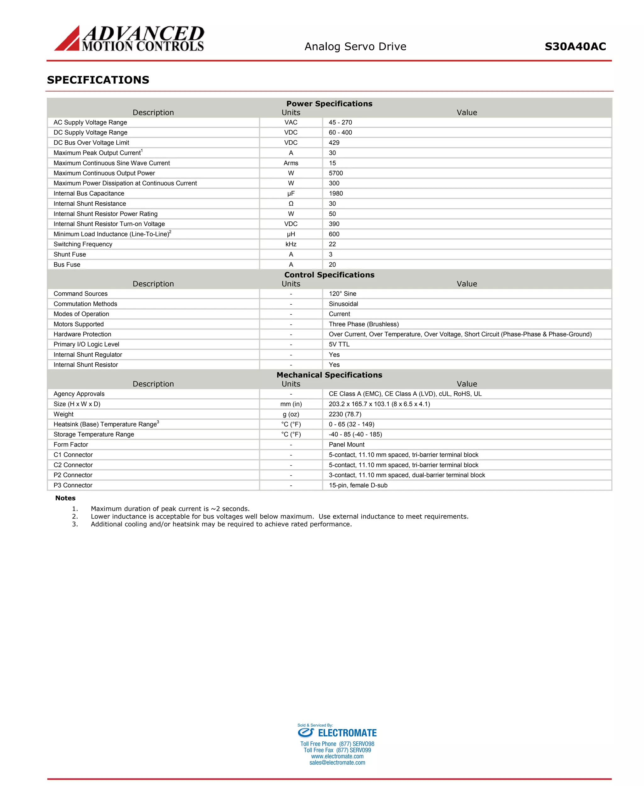 Analog Servo Drive S30A40AC 
SPECIFICATIONS 
Power Specifications 
Description 
Units 
Value 
AC Supply Voltage Range 
VAC 
45 - 270 
DC Supply Voltage Range 
VDC 
60 - 400 
DC Bus Over Voltage Limit 
VDC 
429 
Maximum Peak Output Current1 
A 
30 
Maximum Continuous Sine Wave Current 
Arms 
15 
Maximum Continuous Output Power 
W 
5700 
Maximum Power Dissipation at Continuous Current 
W 
300 
Internal Bus Capacitance 
μF 
1980 
Internal Shunt Resistance 
Ω 
30 
Internal Shunt Resistor Power Rating 
W 
50 
Internal Shunt Resistor Turn-on Voltage 
VDC 
390 
Minimum Load Inductance (Line-To-Line)2 
μH 
600 
Switching Frequency 
kHz 
22 
Shunt Fuse 
A 
3 
Bus Fuse 
A 
20 
Control Specifications 
Description 
Units 
Value 
Command Sources 
- 
120° Sine 
Commutation Methods 
- 
Sinusoidal 
Modes of Operation 
- 
Current 
Motors Supported 
- 
Three Phase (Brushless) 
Hardware Protection 
- 
Over Current, Over Temperature, Over Voltage, Short Circuit (Phase-Phase & Phase-Ground) 
Primary I/O Logic Level 
- 
5V TTL 
Internal Shunt Regulator 
- 
Yes 
Internal Shunt Resistor 
- 
Yes 
Mechanical Specifications 
Description 
Units 
Value 
Agency Approvals 
- 
CE Class A (EMC), CE Class A (LVD), cUL, RoHS, UL 
Size (H x W x D) 
mm (in) 
203.2 x 165.7 x 103.1 (8 x 6.5 x 4.1) 
Weight 
g (oz) 
2230 (78.7) 
Heatsink (Base) Temperature Range3 
°C (°F) 
0 - 65 (32 - 149) 
Storage Temperature Range 
°C (°F) 
-40 - 85 (-40 - 185) 
Form Factor 
- 
Panel Mount 
C1 Connector 
- 
5-contact, 11.10 mm spaced, tri-barrier terminal block 
C2 Connector 
- 
5-contact, 11.10 mm spaced, tri-barrier terminal block 
P2 Connector 
- 
3-contact, 11.10 mm spaced, dual-barrier terminal block 
P3 Connector 
- 
15-pin, female D-sub 
Notes 
1. Maximum duration of peak current is ~2 seconds. 
2. Lower inductance is acceptable for bus voltages well below maximum. Use external inductance to meet requirements. 
3. Additional cooling and/or heatsink may be required to achieve rated performance. 
ELECTROMATE 
Toll Free Phone (877) SERVO98 
Toll Free Fax (877) SERV099 
www.electromate.com 
sales@electromate.com 
Sold & Serviced By: 
 