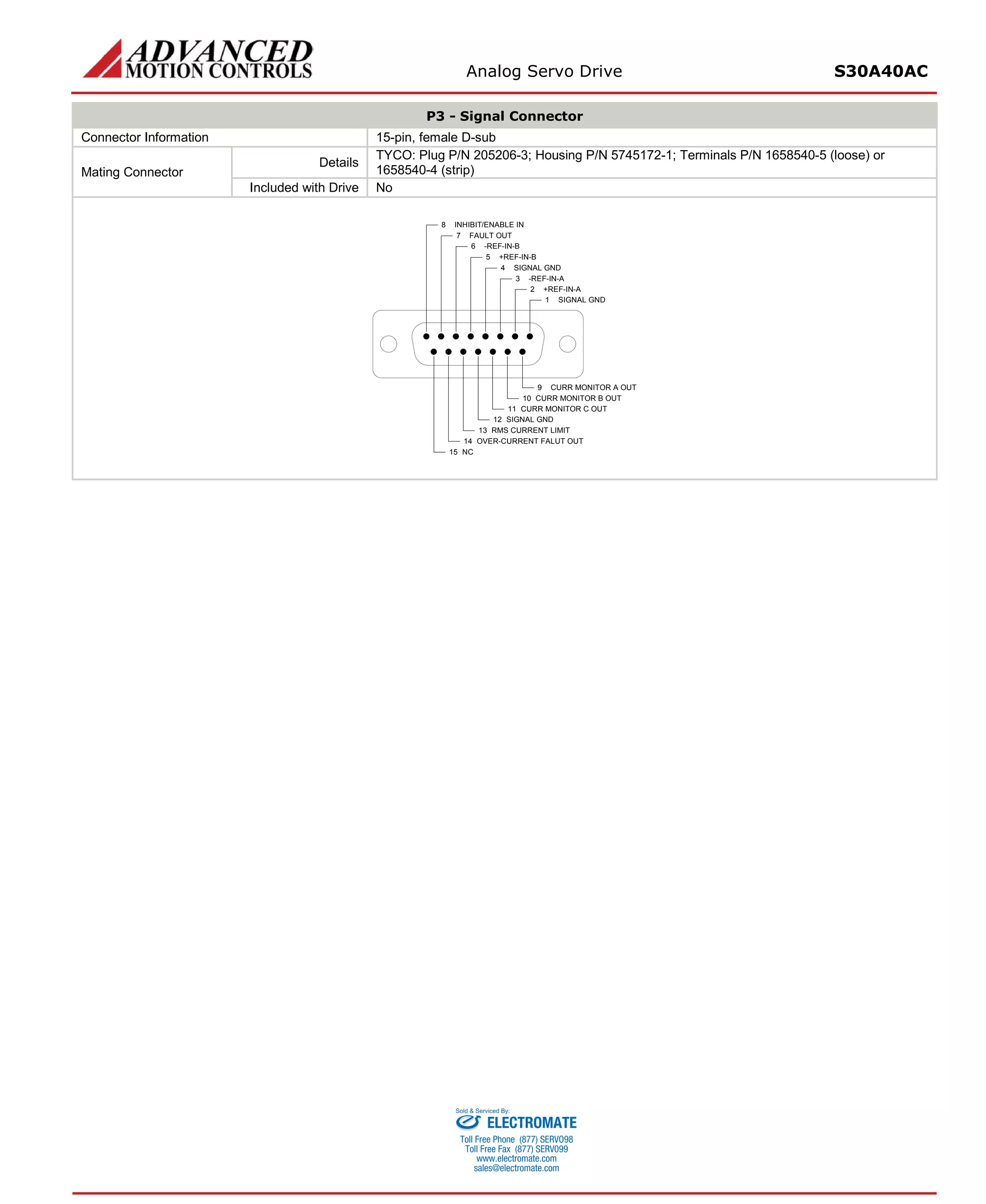 Analog Servo Drive S30A40AC 
P3 - Signal Connector 
Connector Information 
15-pin, female D-sub 
Mating Connector 
Details 
TYCO: Plug P/N 205206-3; Housing P/N 5745172-1; Terminals P/N 1658540-5 (loose) or 1658540-4 (strip) 
Included with Drive 
No 
CURR MONITOR A OUT9CURR MONITOR B OUT10CURR MONITOR C OUT11RMS CURRENT LIMIT13SIGNAL GND12OVER-CURRENT FALUT OUT14NC15INHIBIT/ENABLE IN8FAULT OUT7-REF-IN-B6+REF-IN-B5SIGNAL GND4-REF-IN-A3+REF-IN-A2SIGNAL GND1 
ELECTROMATE 
Toll Free Phone (877) SERVO98 
Toll Free Fax (877) SERV099 
www.electromate.com 
sales@electromate.com 
Sold & Serviced By: 
 