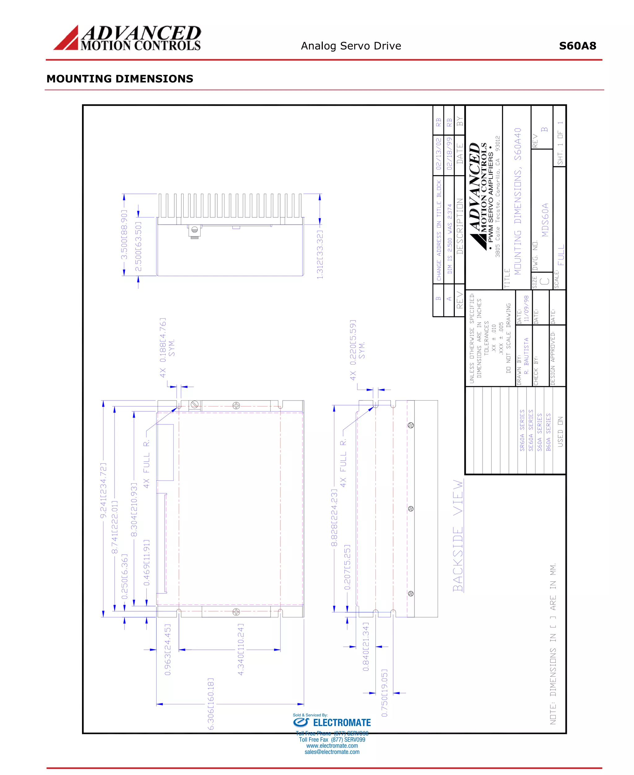 Analog Servo Drive S60A8 
MOUNTING DIMENSIONS 
ELECTROMATE 
Toll Free Phone (877) SERVO98 
Toll Free Fax (877) SERV099 
www.electromate.com 
sales@electromate.com 
Sold & Serviced By: 
 