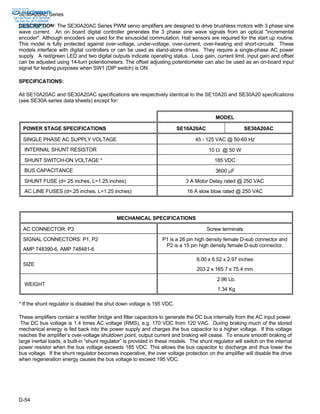 Sold & Serviced By: 
ELECTROMATE 
SE30A20AC Series 
Toll Free Phone (877) SERVO98 
Toll Free Fax (877) SERV099 
DESCRIPTION: The SE30A20AC Series PWM servo amplifiers are designed to drive brushless motors with 3 phase sine 
wave current. An on board digital controller generates the 3 phase sine wave signals from an optical "incremental 
encoder". Although encoders are used for the sinusoidal commutation, Hall sensors are required for the start up routine. 
This model is fully protected against over-voltage, under-voltage, over-current, over-heating and short-circuits. These 
models interface with digital controllers or can be used as stand-alone drives. They require a single-phase AC power 
supply. A red/green LED and two digital outputs indicate operating status. Loop gain, current limit, input gain and offset 
can be adjusted using 14-turn potentiometers. The offset adjusting potentiometer can also be used as an on-board input 
signal for testing purposes when SW1 (DIP switch) is ON. 
SPECIFICATIONS: 
All SE10A20AC and SE30A20AC specifications are respectively identical to the SE10A20 and SE30A20 specifications 
(see SE30A series data sheets) except for: 
www.electromate.com 
sales@electromate.com 
D-54 
MODEL 
POWER STAGE SPECIFICATIONS SE10A20AC SE30A20AC 
SINGLE PHASE AC SUPPLY VOLTAGE 45 - 125 VAC @ 50-60 Hz 
INTERNAL SHUNT RESISTOR 10 Ω @ 50 W 
SHUNT SWITCH-ON VOLTAGE * 185 VDC 
BUS CAPACITANCE 3600 μF 
SHUNT FUSE (d=.25 inches, L=1.25 inches) 3 A Motor Delay rated @ 250 VAC 
AC LINE FUSES (d=.25 inches, L=1.25 inches) 16 A slow blow rated @ 250 VAC 
MECHANICAL SPECIFICATIONS 
AC CONNECTOR: P3 Screw terminals 
SIGNAL CONNECTORS: P1, P2 
AMP 748390-6, AMP 748481-6 
P1 is a 26 pin high density female D-sub connector and 
P2 is a 15 pin high density female D-sub connector. 
SIZE 
8.00 x 6.52 x 2.97 inches 
203.2 x 165.7 x 75.4 mm 
WEIGHT 
2.96 Lb. 
1.34 Kg 
* If the shunt regulator is disabled the shut down voltage is 195 VDC. 
These amplifiers contain a rectifier bridge and filter capacitors to generate the DC bus internally from the AC input power. 
The DC bus voltage is 1.4 times AC voltage (RMS), e.g. 170 VDC from 120 VAC. During braking much of the stored 
mechanical energy is fed back into the power supply and charges the bus capacitor to a higher voltage. If this voltage 
reaches the amplifier’s over-voltage shutdown point, output current and braking will cease. To ensure smooth braking of 
large inertial loads, a built-in “shunt regulator” is provided in these models. The shunt regulator will switch on the internal 
power resistor when the bus voltage exceeds 185 VDC. This allows the bus capacitor to discharge and thus lower the 
bus voltage. If the shunt regulator becomes inoperative, the over voltage protection on the amplifier will disable the drive 
when regeneration energy causes the bus voltage to exceed 195 VDC. 
 