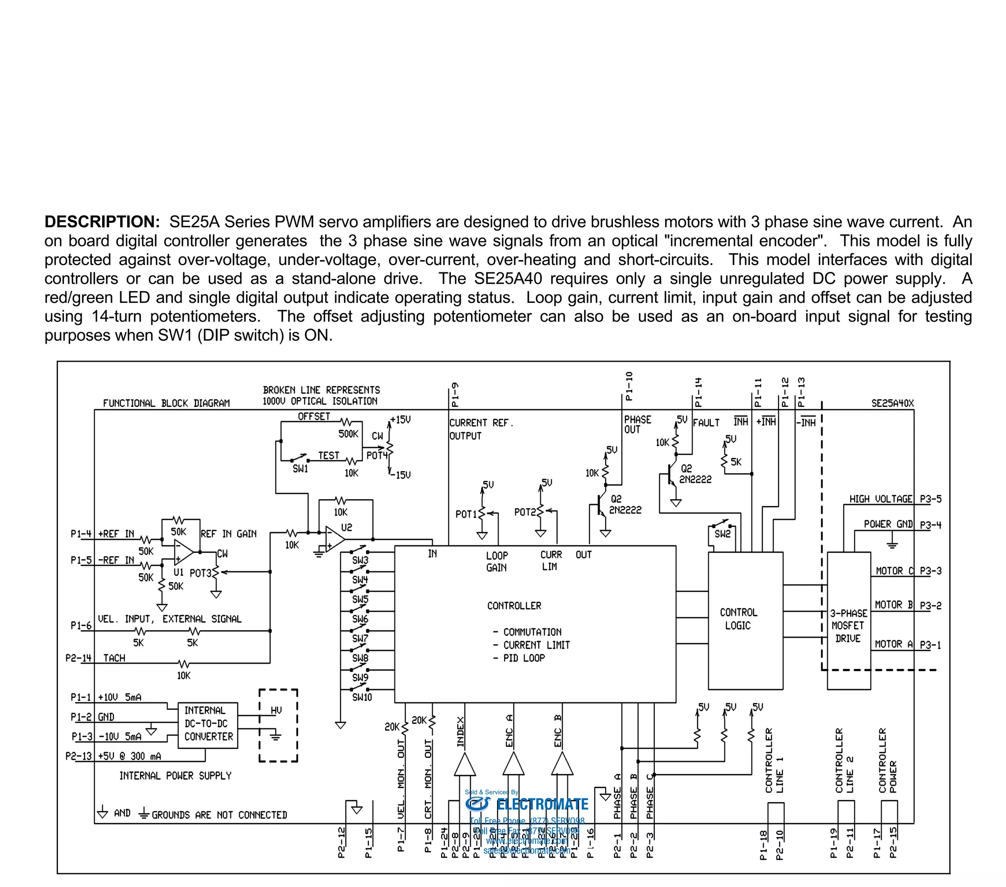 DESCRIPTION: SE25A Series PWM servo amplifiers are designed to drive brushless motors with 3 phase sine wave current. An 
on board digital controller generates the 3 phase sine wave signals from an optical "incremental encoder". This model is fully 
protected against over-voltage, under-voltage, over-current, over-heating and short-circuits. This model interfaces with digital 
controllers or can be used as a stand-alone drive. The SE25A40 requires only a single unregulated DC power supply. A 
red/green LED and single digital output indicate operating status. Loop gain, current limit, input gain and offset can be adjusted 
using 14-turn potentiometers. The offset adjusting potentiometer can also be used as an on-board input signal for testing 
purposes when SW1 (DIP switch) is ON. 
Sold & Serviced By: 
ELECTROMATE 
Toll Free Phone (877) SERVO98 
Toll Free Fax (877) SERV099 
www.electromate.com 
sales@electromate.com 
 