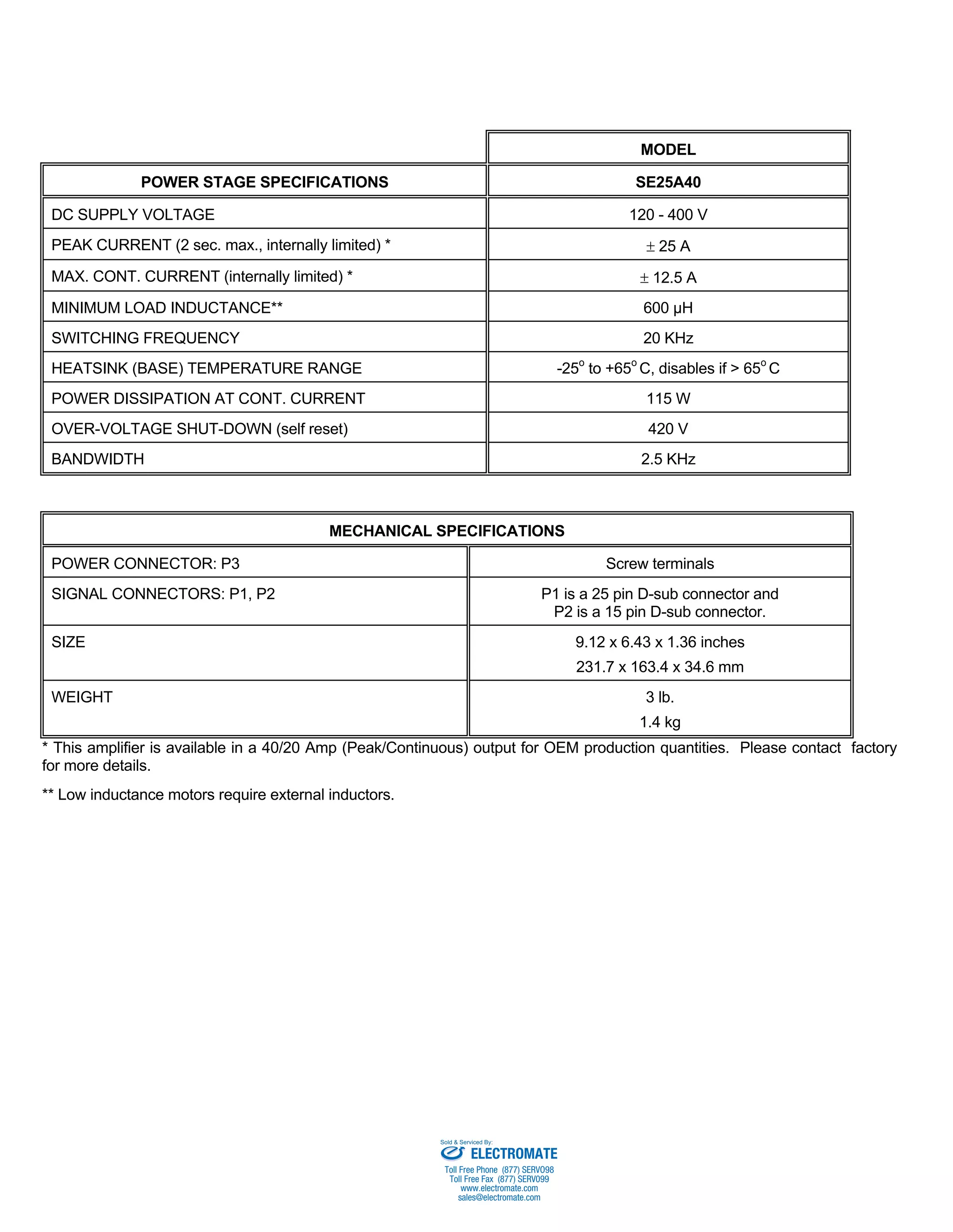 MODEL 
POWER STAGE SPECIFICATIONS SE25A40 
DC SUPPLY VOLTAGE 120 - 400 V 
PEAK CURRENT (2 sec. max., internally limited) * ± 25 A 
MAX. CONT. CURRENT (internally limited) * ± 12.5 A 
MINIMUM LOAD INDUCTANCE** 600 μH 
SWITCHING FREQUENCY 20 KHz 
HEATSINK (BASE) TEMPERATURE RANGE -25o to +65o C, disables if > 65o C 
POWER DISSIPATION AT CONT. CURRENT 115 W 
OVER-VOLTAGE SHUT-DOWN (self reset) 420 V 
BANDWIDTH 2.5 KHz 
MECHANICAL SPECIFICATIONS 
POWER CONNECTOR: P3 Screw terminals 
SIGNAL CONNECTORS: P1, P2 P1 is a 25 pin D-sub connector and 
P2 is a 15 pin D-sub connector. 
SIZE 9.12 x 6.43 x 1.36 inches 
231.7 x 163.4 x 34.6 mm 
WEIGHT 3 lb. 
1.4 kg 
* This amplifier is available in a 40/20 Amp (Peak/Continuous) output for OEM production quantities. Please contact factory 
for more details. 
** Low inductance motors require external inductors. 
Sold & Serviced By: 
ELECTROMATE 
Toll Free Phone (877) SERVO98 
Toll Free Fax (877) SERV099 
www.electromate.com 
sales@electromate.com 
 