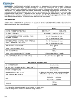 Sold & Serviced By: 
ELECTROMATE 
SE30A-AC Series 
Toll Free Phone (877) SERVO98 
Toll Free Fax (877) SERV099 
DESCRIPTION: The SE30A40AC Series PWM servo amplifiers are designed to drive brushless motors with 3 phase sine 
wave current. An on board digital controller generates the 3 phase sine wave signals from an optical "incremental 
encoder". Although encoders are used for the sinusoidal commutation, Hall sensors are required for the start up routine. 
This model is fully protected against over-voltage, under-voltage, over-current, over-heating and short-circuits. This 
model interfaces with digital controllers or can be used as a stand-alone drive. The SE30A40AC series requires a single 
or three-phase AC power supply. A red/green LED and two digital outputs indicate operating status. Loop gain, current 
limit, input gain and offset can be adjusted using 14-turn potentiometers. The offset adjusting potentiometer can also be 
used as an on-board input signal for testing purposes when SW1 (DIP switch) is ON. 
SPECIFICATIONS: 
All SE10A40AC and SE30A40AC specifications are respectively identical to the SE10A40 and SE30A40 specifications 
(see SE30A40 series data sheets) except for: 
www.electromate.com 
sales@electromate.com 
D-58 
MODEL 
POWER STAGE SPECIFICATIONS SE10A40AC* SE30A40AC 
AC SUPPLY VOLTAGE 45-270 VAC, 1 or 3 phase, 50-60 Hz 
CONTINUOUS DC CURRENT AVAILABLE FROM 
INTERNAL SUPPLY ** 
30 A for three phase AC input 
15 A for single phase AC input 
PEAK DC CURRENT AVAILABLE FROM INTERNAL 
SUPPLY (MAXIMUM 2 SECONDS) ** 
60 A for three phase AC input 
30 A for single phase AC input 
INTERNAL SHUNT RESISTOR 30 Ω @ 50 W 
SHUNT SWITCH-ON VOLTAGE ** 390 V 
BUS CAPACITANCE 1980 μF 
SHUNT FUSE (d=.25 inches, L=1.25 inches) 3 A Motor Delay rated @ 250 VAC 
AC LINE FUSES (d=.25 inches, L=1.25 inches) 15 A slow blow rated @ 250 VAC 
MECHANICAL SPECIFICATIONS 
AC CONNECTOR: C1 Screw terminals 
DC OUT AND EXTERNAL SHUNT CONNECTOR: C2* Screw terminals 
MOTOR CONNECTOR: P3 Screw terminals 
SIGNAL CONNECTORS: P1, P2 
AMP 748390-6, AMP 748481-6 
P1 is a 26 pin high density female D-sub connector and 
P2 is a 15 pin high density female D-sub connector. 
SIZE 
8.00 x 6.52 x 4.06 inches 
203.2 x 165.7 x 103.1 mm 
WEIGHT 
4.94 Lb. 
2.23 Kg 
* The internal bus voltage is available on C2 to power DC supply units. 
** If the shunt regulator is disabled the shut down voltage is 420 VDC. 
 