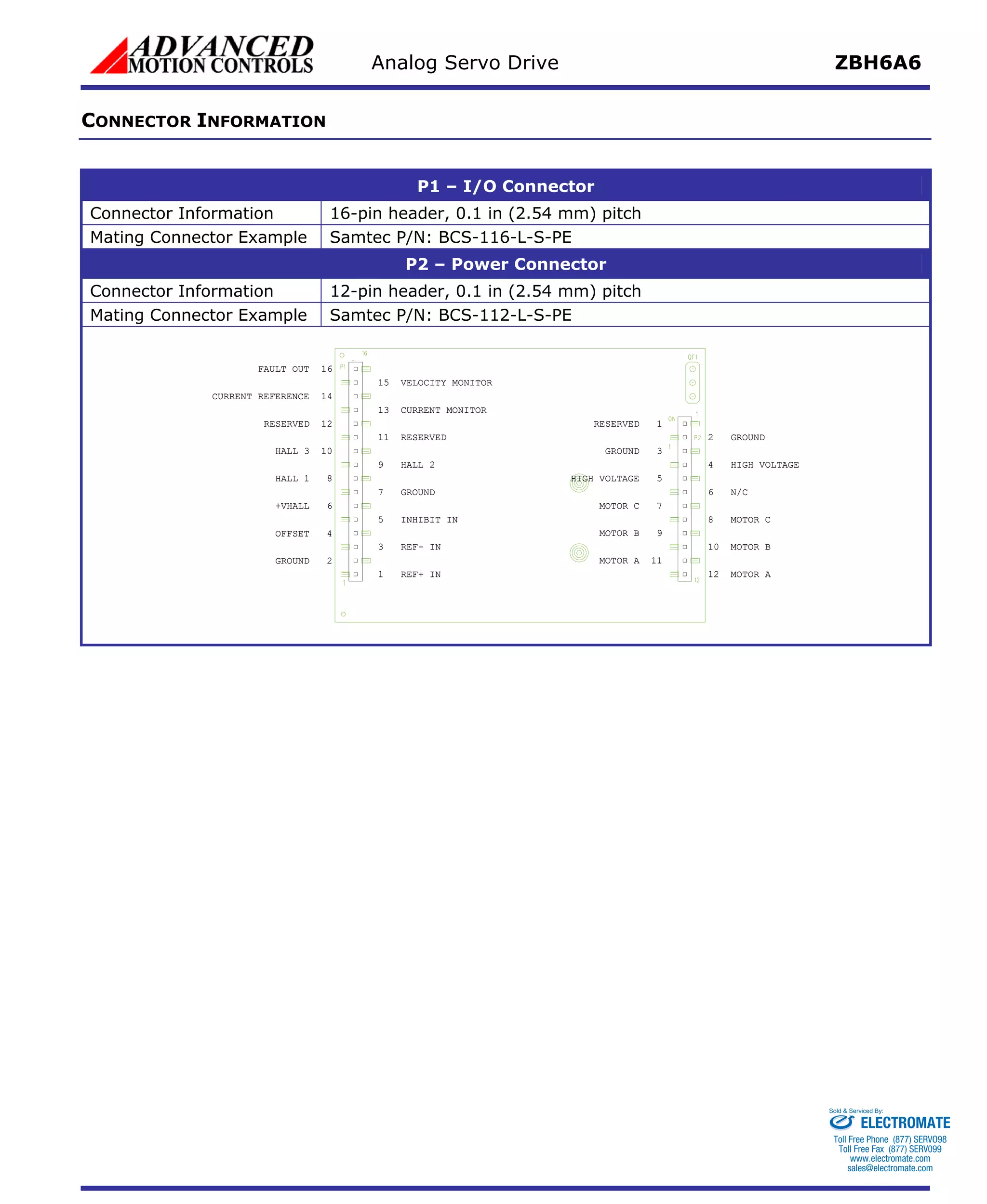 Analog Servo Drive ZBH6A6 
CONNECTOR INFORMATION 
P1 – I/O Connector 
Connector Information 16-pin header, 0.1 in (2.54 mm) pitch 
Mating Connector Example Samtec P/N: BCS-116-L-S-PE 
P2 – Power Connector 
Connector Information 12-pin header, 0.1 in (2.54 mm) pitch 
Mating Connector Example Samtec P/N: BCS-112-L-S-PE 
FAULT OUT 16 
CURRENT REFERENCE 14 
RESERVED 12 
HALL 3 10 
HALL 1 8 
+VHALL 6 
OFFSET 4 
GROUND 2 
15 VELOCITY MONITOR 
13 CURRENT MONITOR 
11 RESERVED 
9 HALL 2 
7 GROUND 
5 INHIBIT IN 
3 REF- IN 
1 REF+ IN 
2 GROUND 
4 HIGH VOLTAGE 
6 N/C 
8 MOTOR C 
10 MOTOR B 
12 MOTOR A 
RESERVED 1 
GROUND 3 
HIGH VOLTAGE 5 
MOTOR C 7 
MOTOR B 9 
MOTOR A 11 
Sold & Serviced By: 
ELECTROMATE 
Toll Free Phone (877) SERVO98 
Toll Free Fax (877) SERV099 
www.electromate.com 
sales@electromate.com 
 