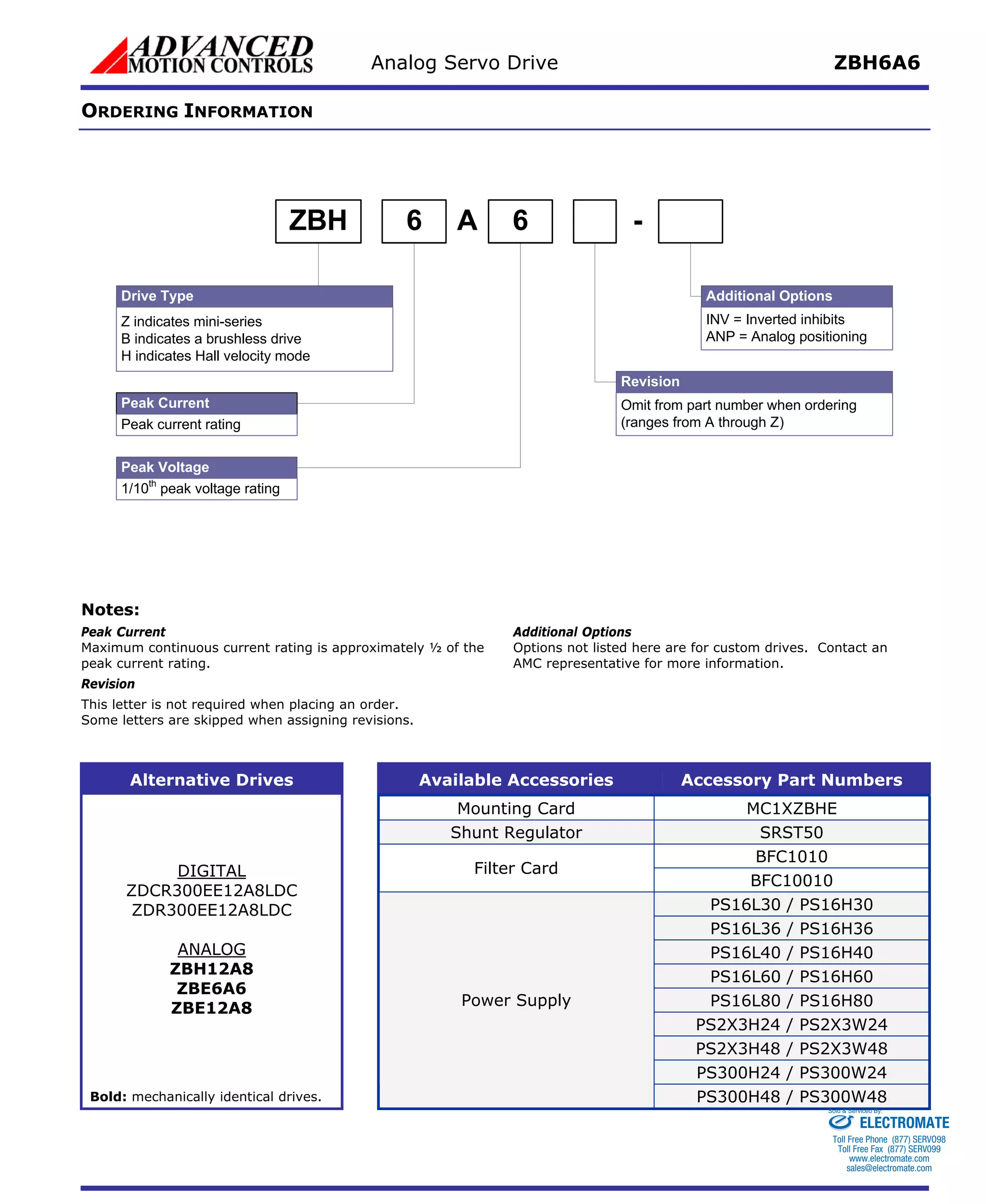 Analog Servo Drive ZBH6A6 
ORDERING INFORMATION 
6 A 6 - 
Additional Options 
INV = Inverted inhibits 
ANP = Analog positioning 
Revision 
Omit from part number when ordering 
(ranges from A through Z) 
Peak Current 
Peak current rating 
Peak Voltage 
1/10th peak voltage rating 
ZBH 
Drive Type 
Z indicates mini-series 
B indicates a brushless drive 
H indicates Hall velocity mode 
Notes: 
Peak Current 
Maximum continuous current rating is approximately ½ of the 
peak current rating. 
Revision 
This letter is not required when placing an order. 
Some letters are skipped when assigning revisions. 
Additional Options 
Options not listed here are for custom drives. Contact an 
AMC representative for more information. 
Alternative Drives Available Accessories Accessory Part Numbers 
Mounting Card MC1XZBHE 
Shunt Regulator SRST50 
BFC1010 
Filter Card 
BFC10010 
PS16L30 / PS16H30 
PS16L36 / PS16H36 
PS16L40 / PS16H40 
PS16L60 / PS16H60 
PS16L80 / PS16H80 
PS2X3H24 / PS2X3W24 
PS2X3H48 / PS2X3W48 
DIGITAL 
ZDCR300EE12A8LDC 
ZDR300EE12A8LDC 
ANALOG 
ZBH12A8 
ZBE6A6 
ZBE12A8 
PS300H24 / PS300W24 
Bold: mechanically identical drives. 
Power Supply 
PS300H48 / PS300W48 
Sold & Serviced By: 
ELECTROMATE 
Toll Free Phone (877) SERVO98 
Toll Free Fax (877) SERV099 
www.electromate.com 
sales@electromate.com 
