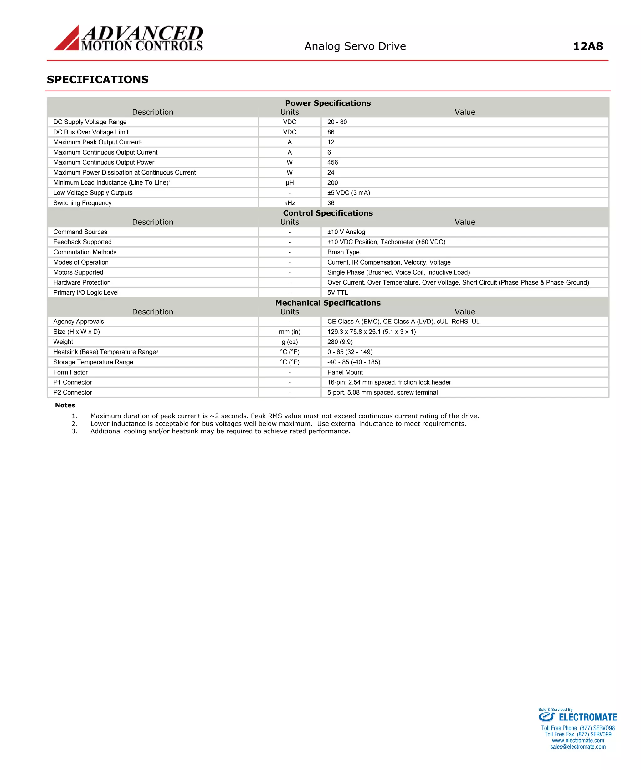 Analog Servo Drive 12A8 
SPECIFICATIONS 
Power Specifications 
Description 
Units 
Value 
DC Supply Voltage Range 
VDC 
20 - 80 
DC Bus Over Voltage Limit 
VDC 
86 
Maximum Peak Output Current1 
A 
12 
Maximum Continuous Output Current 
A 
6 
Maximum Continuous Output Power 
W 
456 
Maximum Power Dissipation at Continuous Current 
W 
24 
Minimum Load Inductance (Line-To-Line)2 
μH 
200 
Low Voltage Supply Outputs 
- 
±5 VDC (3 mA) 
Switching Frequency 
kHz 
36 
Control Specifications 
Description 
Units 
Value 
Command Sources 
- 
±10 V Analog 
Feedback Supported 
- 
±10 VDC Position, Tachometer (±60 VDC) 
Commutation Methods 
- 
Brush Type 
Modes of Operation 
- 
Current, IR Compensation, Velocity, Voltage 
Motors Supported 
- 
Single Phase (Brushed, Voice Coil, Inductive Load) 
Hardware Protection 
- 
Over Current, Over Temperature, Over Voltage, Short Circuit (Phase-Phase & Phase-Ground) 
Primary I/O Logic Level 
- 
5V TTL 
Mechanical Specifications 
Description 
Units 
Value 
Agency Approvals 
- 
CE Class A (EMC), CE Class A (LVD), cUL, RoHS, UL 
Size (H x W x D) 
mm (in) 
129.3 x 75.8 x 25.1 (5.1 x 3 x 1) 
Weight 
g (oz) 
280 (9.9) 
Heatsink (Base) Temperature Range3 
°C (°F) 
0 - 65 (32 - 149) 
Storage Temperature Range 
°C (°F) 
-40 - 85 (-40 - 185) 
Form Factor 
- 
Panel Mount 
P1 Connector 
- 
16-pin, 2.54 mm spaced, friction lock header 
P2 Connector 
- 
5-port, 5.08 mm spaced, screw terminal 
Notes 
1. 
Maximum duration of peak current is ~2 seconds. Peak RMS value must not exceed continuous current rating of the drive. 
2. 
Lower inductance is acceptable for bus voltages well below maximum. Use external inductance to meet requirements. 
3. 
Additional cooling and/or heatsink may be required to achieve rated performance. ELECTROMATE 
Toll Free Phone (877) SERVO98 
Toll Free Fax (877) SERV099 
www.electromate.com 
sales@electromate.com 
Sold & Serviced By: 
 