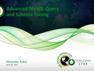 Advanced 
MySQL 
Query 
and 
Schema 
Tuning 
Alexander 
Rubin 
April 
25, 
2013 
 