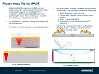 05/01/2025 Title page disclosure applies.
2
Phased Array Testing (PAUT)
• Ultrasonic phased arrays use a multiple element
probe whereby the output pulse from each element is
time delayed in such a way so as to produce
constructive interference at a specific angle and
specific depth. Scans the beam along one axis of an
array without any mechanical movement.
• The movement is performed only by time multiplexing
the active element
• The beam movement depends on the probe geometry.
• Electronic (linear) scanning can easily emulate typical
ASME-type 45 and 60 degree shear wave inspections
1. Much faster than raster scanning.
2. Typical weld inspection requires two or more
angles.
3. Need to cover weld, HAZ,
4. Any position errors significant amount of
scanning
• S-scanning – changing the incident angle without
changing position – can be used for a variety of
inspections, including welds.
Fig 25 : Phased Array Testing
Fig 24 : Phased Array Transducer
 