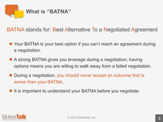 5
What	is	“BATNA”
BATNA stands	for:	Best	Alternative	To	a	Negotiated	Agreement
l Your	BATNA	is	your	best	option	if	you	can’t	reach	an	agreement	during	a	
negotiation.
l A strong	BATNA	gives	you	leverage	during	a	negotiation;	having	options	
means	you	are	willing	to	walk	away	from	a	failed	negotiation.
l During	a	negotiation,	you	should	never	accept	an	outcome	that	is	worse	than	
your	BATNA.
l It	is	important	to	understand	your	BATNA	before	you	negotiate.
 