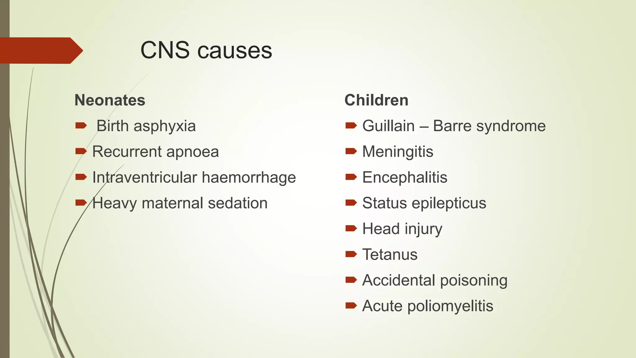 CNS causes
Neonates
 Birth asphyxia
 Recurrent apnoea
 Intraventricular haemorrhage
 Heavy maternal sedation
Children
 Guillain – Barre syndrome
 Meningitis
 Encephalitis
 Status epilepticus
 Head injury
 Tetanus
 Accidental poisoning
 Acute poliomyelitis
 