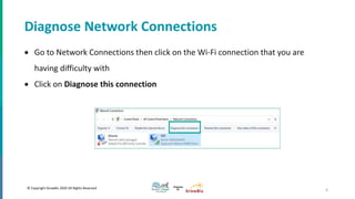© Copyright GrowBiz 2020 All Rights Reserved
Diagnose Network Connections
4
 Go to Network Connections then click on the Wi-Fi connection that you are
having difficulty with
 Click on Diagnose this connection
 