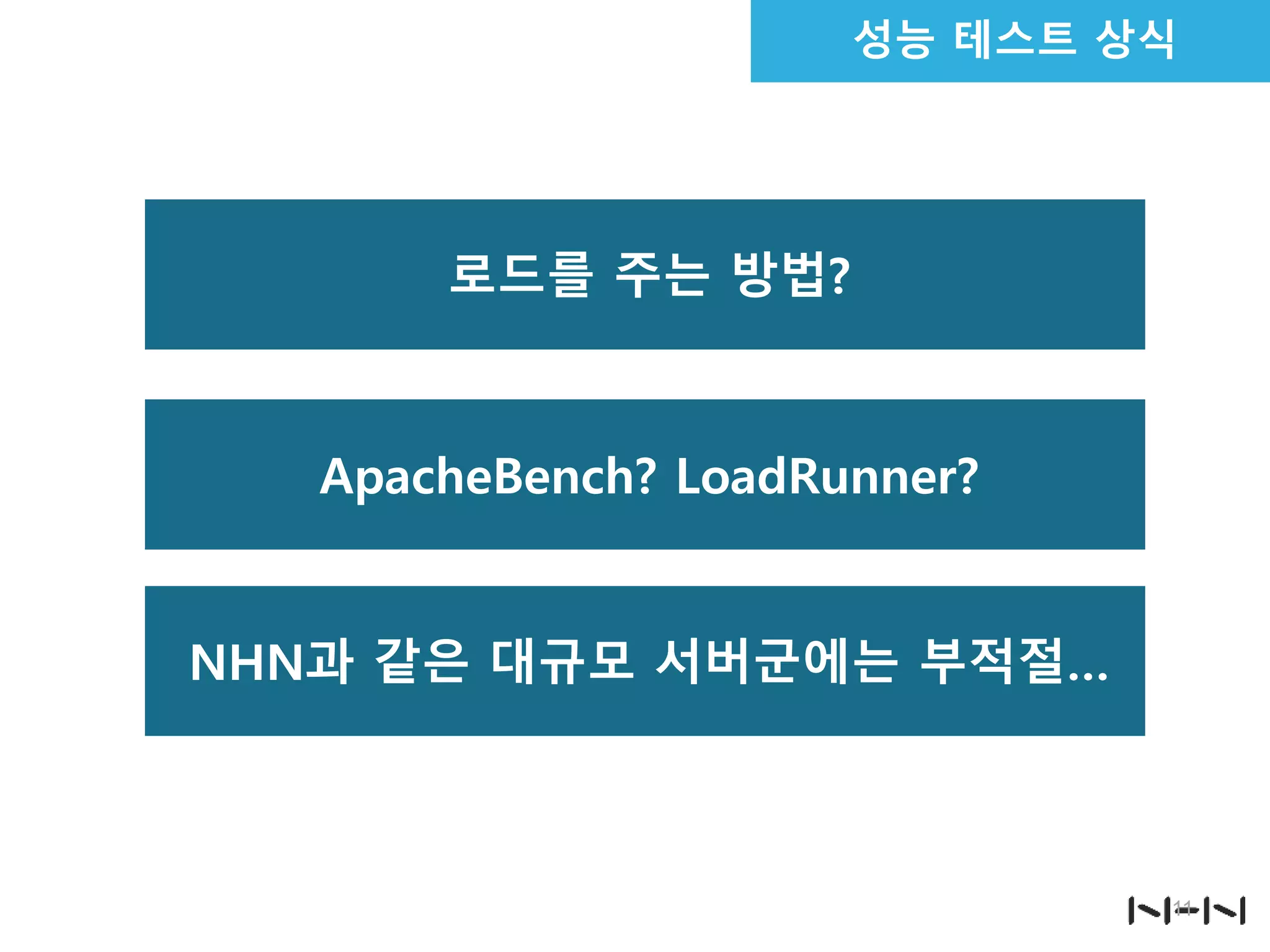 성능 테스트 상식

로드를 주는 방법?

ApacheBench? LoadRunner?
NHN과 같은 대규모 서버군에는 부적절…

11

 