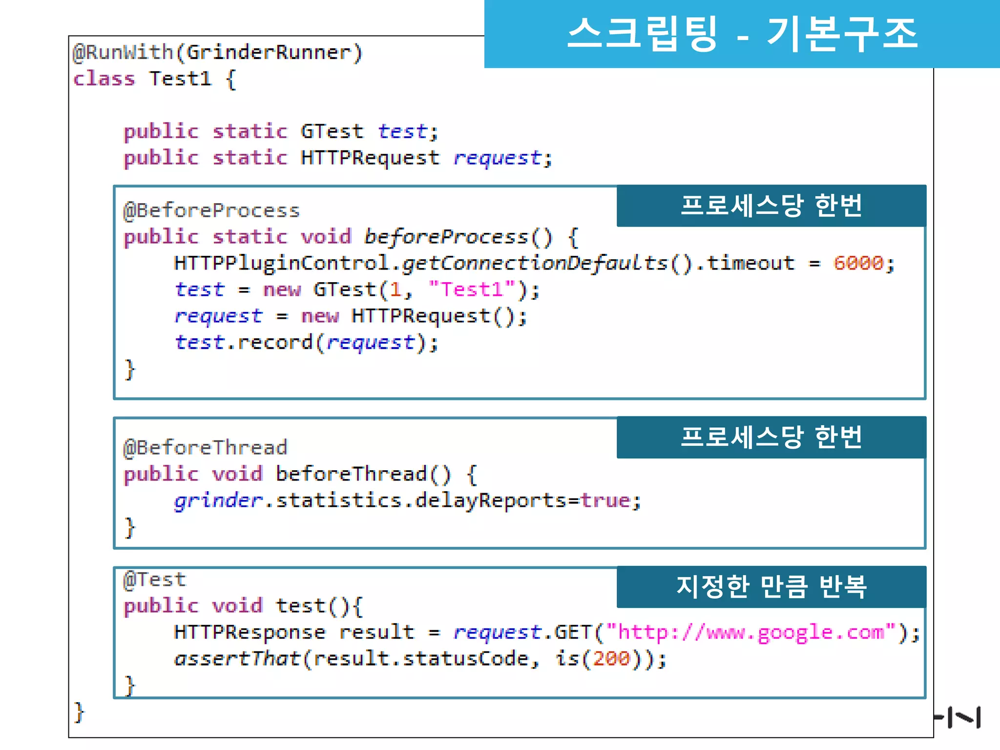 스크립팅 - 기본구조

프로세스당 한번

프로세스당 한번

지정한 만큼 반복

 