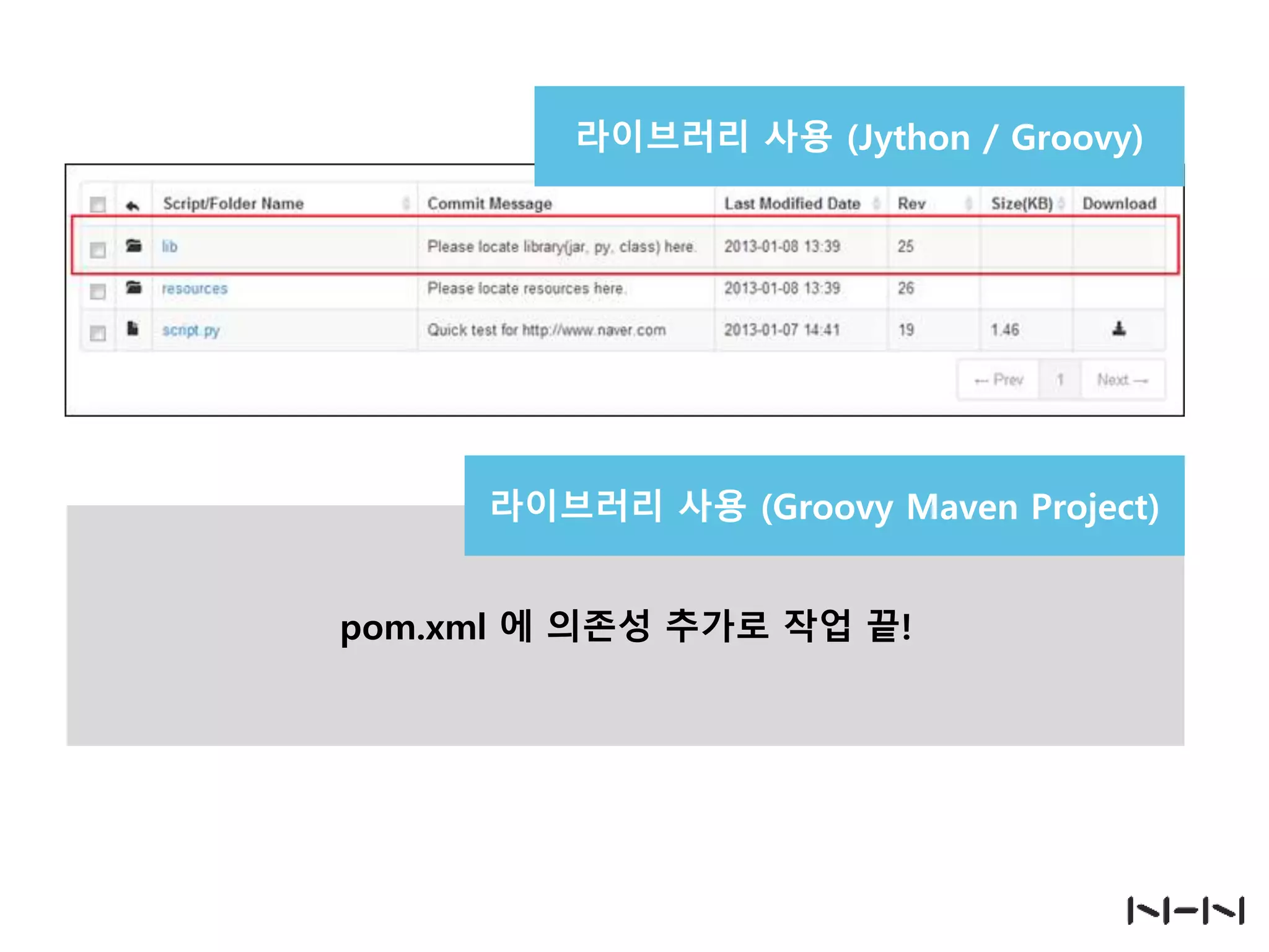 라이브러리 사용 (Jython / Groovy)

라이브러리 사용 (Groovy Maven Project)
pom.xml 에 의존성 추가로 작업 끝!

 