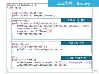 스크립팅 - Groovy

프로세스당 한번

쓰레드당 한번

지정한 만큼 반복

 