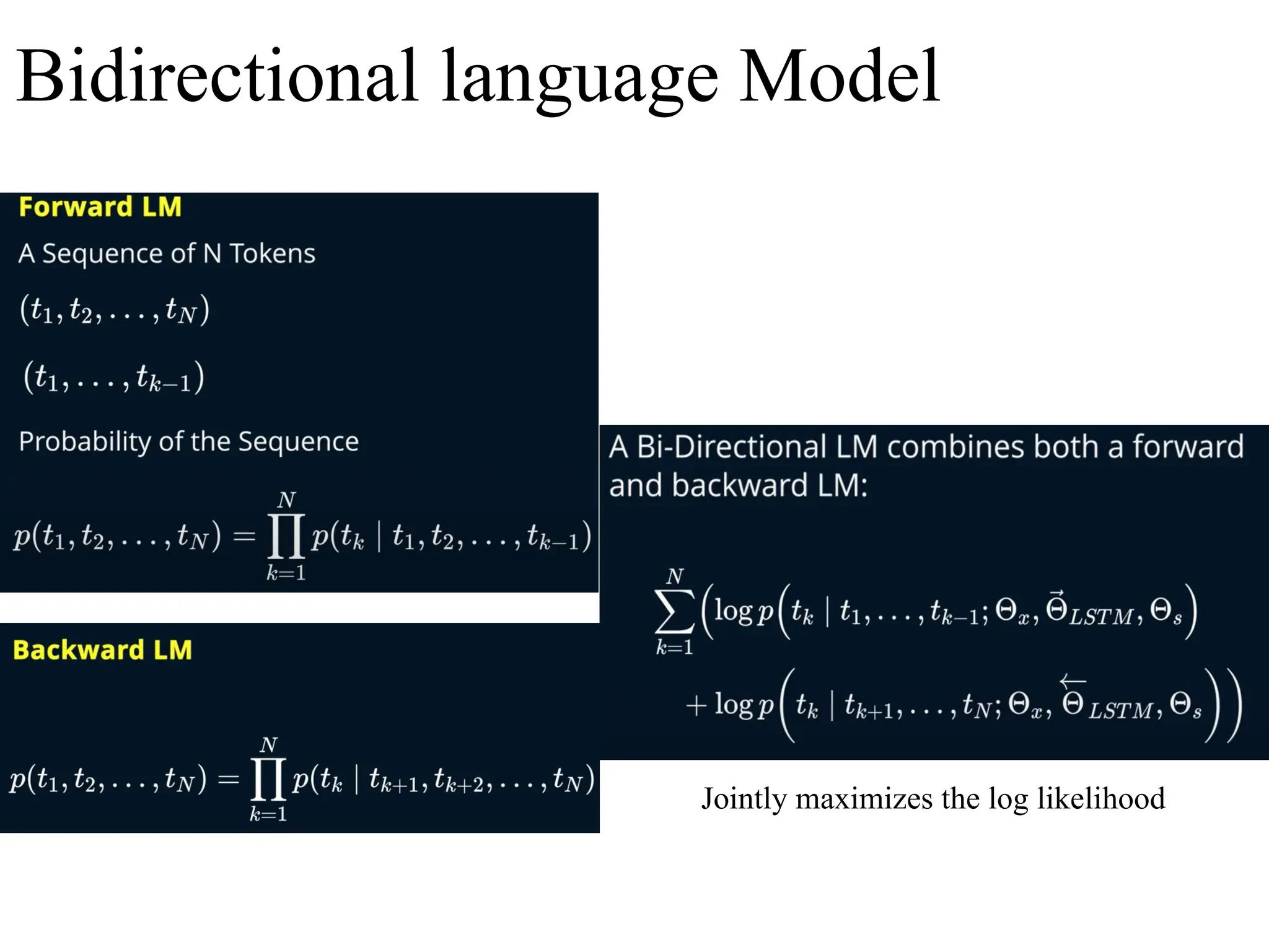 Bidirectional language Model
Jointly maximizes the log likelihood
 