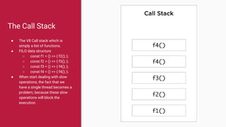 The Call Stack
● The V8 Call stack which is
simply a list of functions.
● FILO data structure
○ const f1 = () => { f2(); };
○ const f2 = () => { f3(); };
○ const f3 = () => { f4(); };
○ const f4 = () => { f4(); };
● When start dealing with slow
operations, the fact that we
have a single thread becomes a
problem, because these slow
operations will block the
execution.
 
