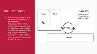 The Event loop
● Both the Stack and the Heap are
part of the run-time engine V8,
not Node itself.
● Node adds APIs like timers,
emitters, and wrappers around
OS operations. It also provides
the event Queue and the event
loop using the libuv library.
● Event loop = a simple loop that
works between the event queue
and the call stack.
 