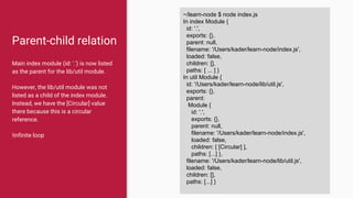 Parent-child relation
Main index module (id: '.') is now listed
as the parent for the lib/util module.
However, the lib/util module was not
listed as a child of the index module.
Instead, we have the [Circular] value
there because this is a circular
reference.
!infinite loop
~/learn-node $ node index.js
In index Module {
id: '.',
exports: {},
parent: null,
filename: '/Users/kader/learn-node/index.js',
loaded: false,
children: [],
paths: [ ... ] }
In util Module {
id: '/Users/kader/learn-node/lib/util.js',
exports: {},
parent:
Module {
id: '.',
exports: {},
parent: null,
filename: '/Users/kader/learn-node/index.js',
loaded: false,
children: [ [Circular] ],
paths: [...] },
filename: '/Users/kader/learn-node/lib/util.js',
loaded: false,
children: [],
paths: [...] }
 