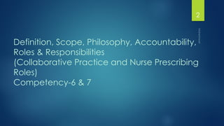 Maheshwari
2
Definition, Scope, Philosophy, Accountability,
Roles & Responsibilities
(Collaborative Practice and Nurse Prescribing
Roles)
Competency-6 & 7
 