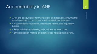 Maheshwari
6
Accountability in ANP
 ANPs are accountable for their actions and decisions, ensuring that
care is provided in accordance with professional standards.
 • Accountability to patients, healthcare teams, and regulatory
bodies.
 • Responsibility for delivering safe, evidence-based care.
 • Ethical decision-making and adherence to legal frameworks.
 