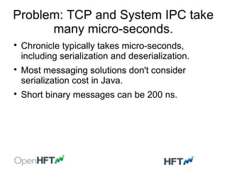 Problem: TCP and System IPC take
many micro-seconds.

Chronicle typically takes micro-seconds,
including serialization and deserialization.

Most messaging solutions don't consider
serialization cost in Java.

Short binary messages can be 200 ns.
 