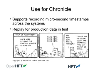 Use for Chronicle

Supports recording micro-second timestamps
across the systems

Replay for production data in test
 