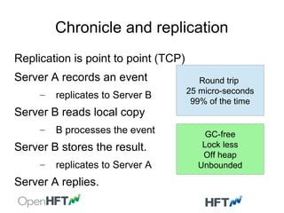 Chronicle and replication
Replication is point to point (TCP)
Server A records an event
– replicates to Server B
Server B reads local copy
– B processes the event
Server B stores the result.
– replicates to Server A
Server A replies.
Round trip
25 micro-seconds
99% of the time
GC-free
Lock less
Off heap
Unbounded
 