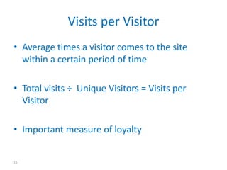 Visits per Visitor
• Average times a visitor comes to the site
within a certain period of time
• Total visits ÷ Unique Vis...