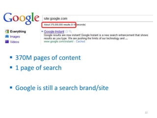  370M pages of content
 1 page of search
 Google is still a search brand/site
22
 